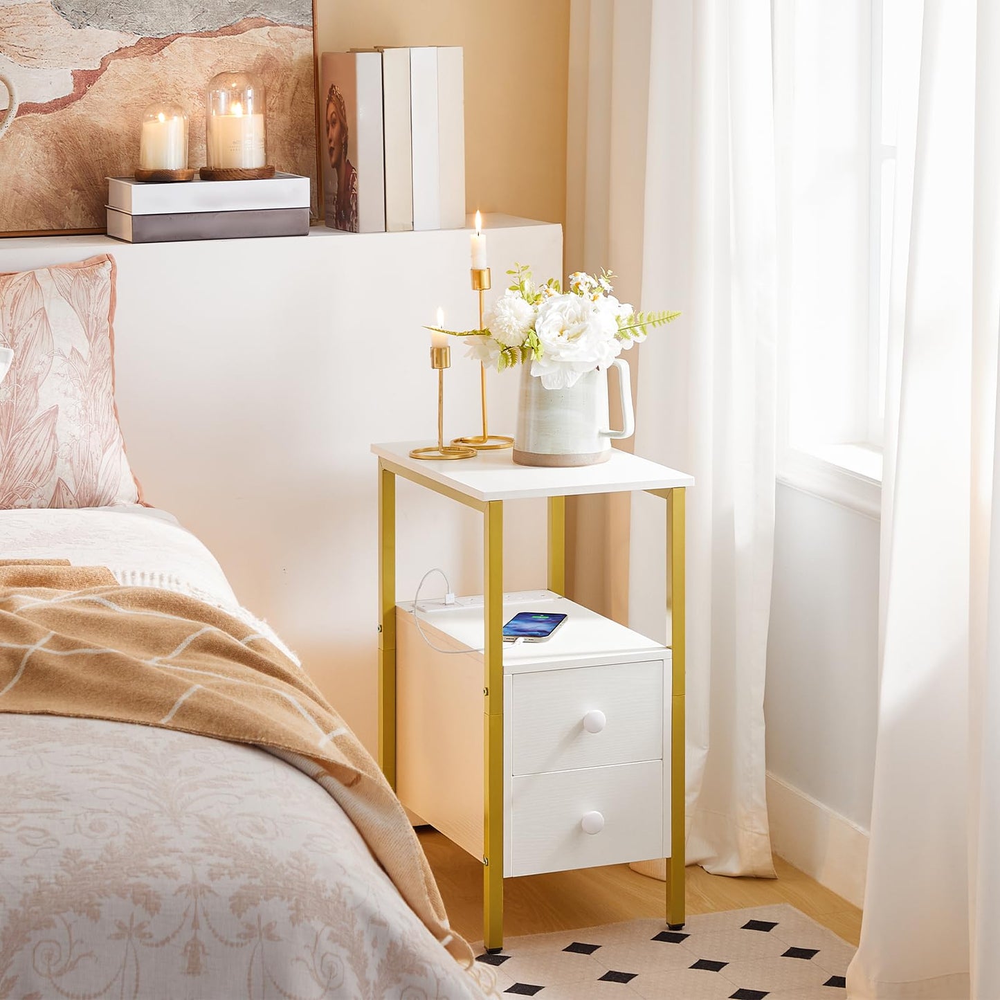 HOOBRO Side Table, Narrow Bedside Table with Charging Station, USB Ports and Power Outlets, Slim Side Table for Small Spaces, 2 Drawers, Industrial