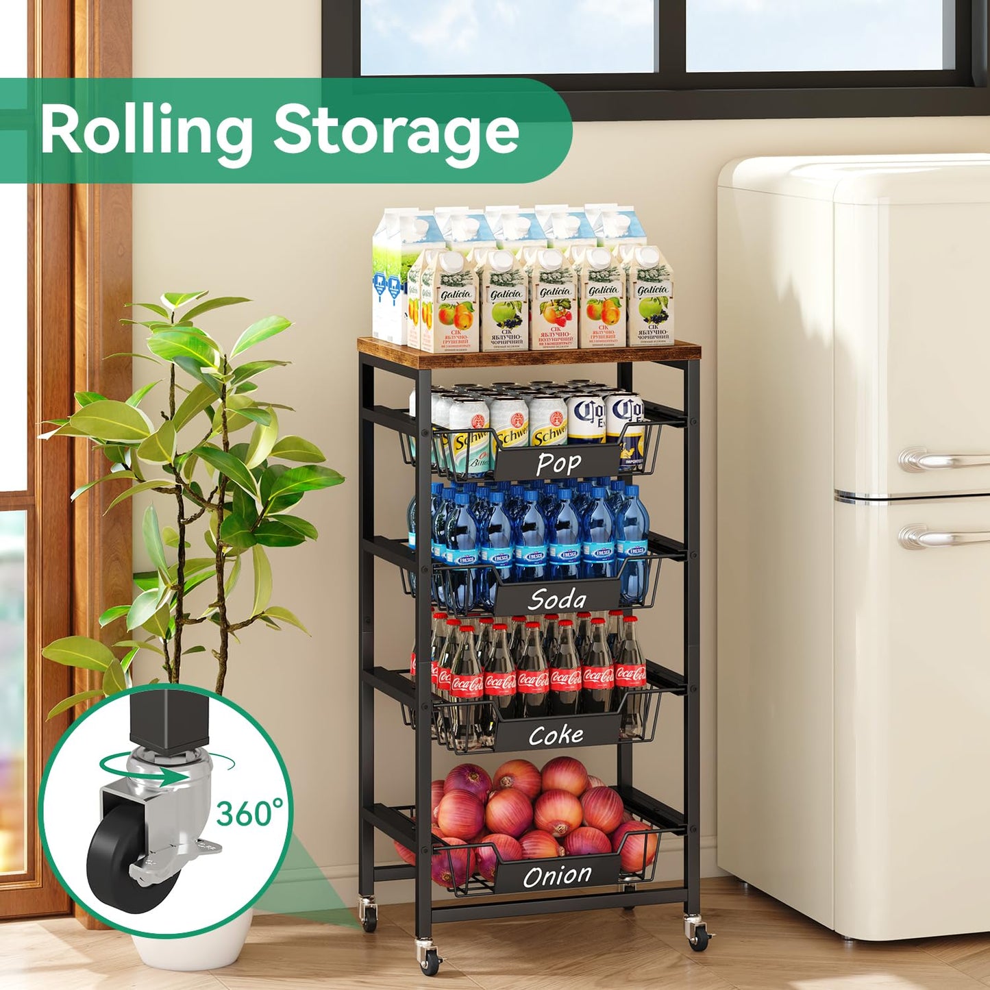 IBUYKE Kitchen Fruit Vegetable Storage Cart with Drawers,Metal Rolling Utility Cart with Fruit Basket and Wooden Top,Rolling Snack Kitchen Cart for
