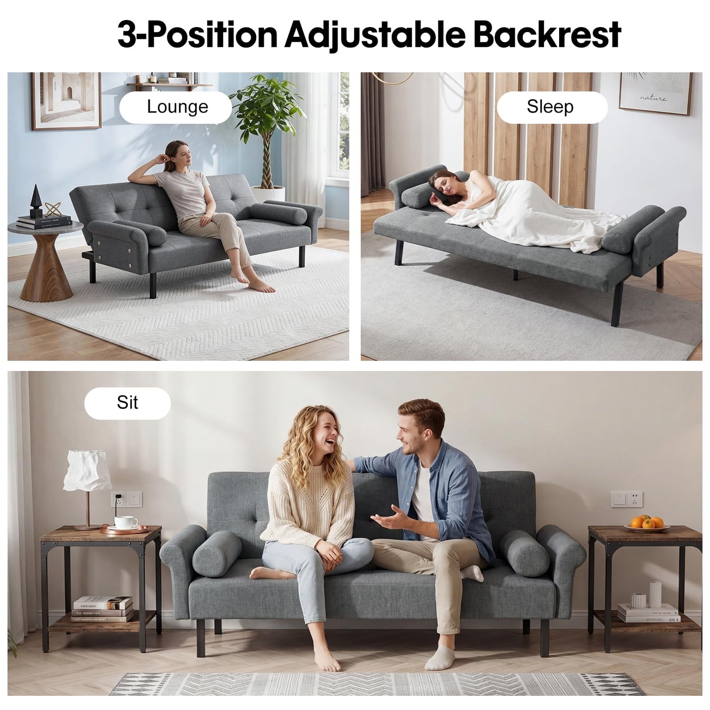 Panana Modern 3 Seater Sofa Bed, Fabric Upholstered Sofa bed with Metal Legs,Futon Recliner Lounge for Living Room, Spare Room, Bedroom