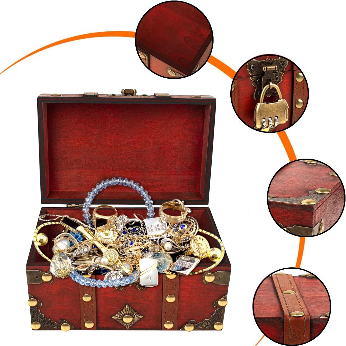 AOTOPYU Treasure Chest Children's Birthday Pirate Chest Gift Box Lockable with Lid and Lock Wooden Chest (M: 22 x 15 x 14 cm)