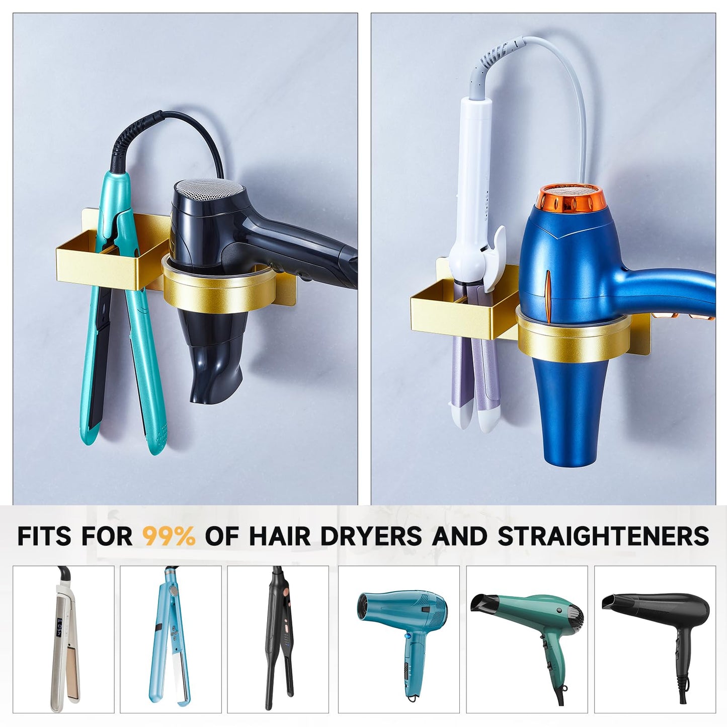 YYBO Hairdryer and Straightener Holder, Hair Dryer Holders Hair Straighteners Holder Wall Mount, Hairdryer Holders Station