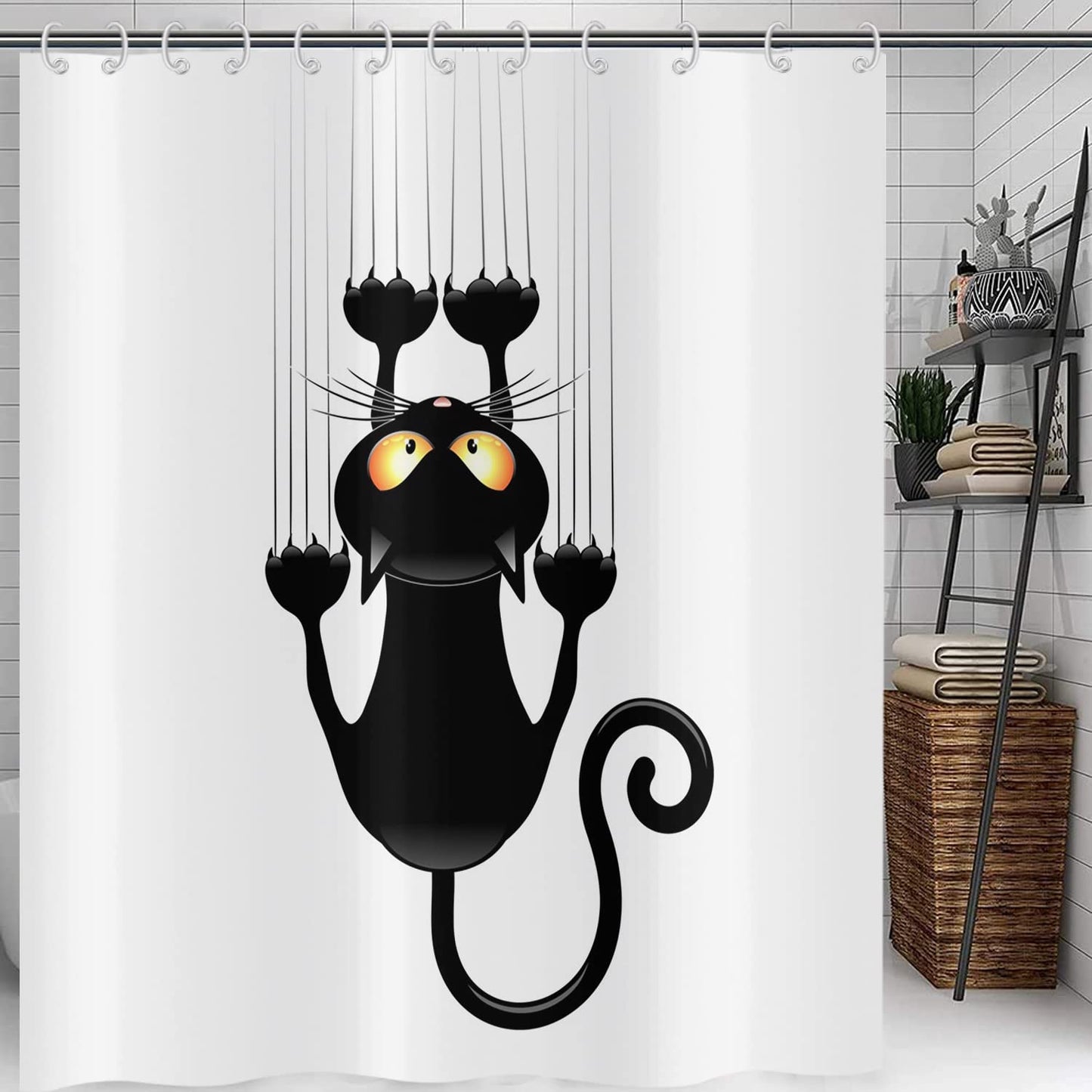 Hnmdmyi Funny Cat Shower Curtain 240x180, Black Kitten Scratching the Wall Bathroom Curtains Kids Cute Cartoon Animal Black and White Minimalism Art