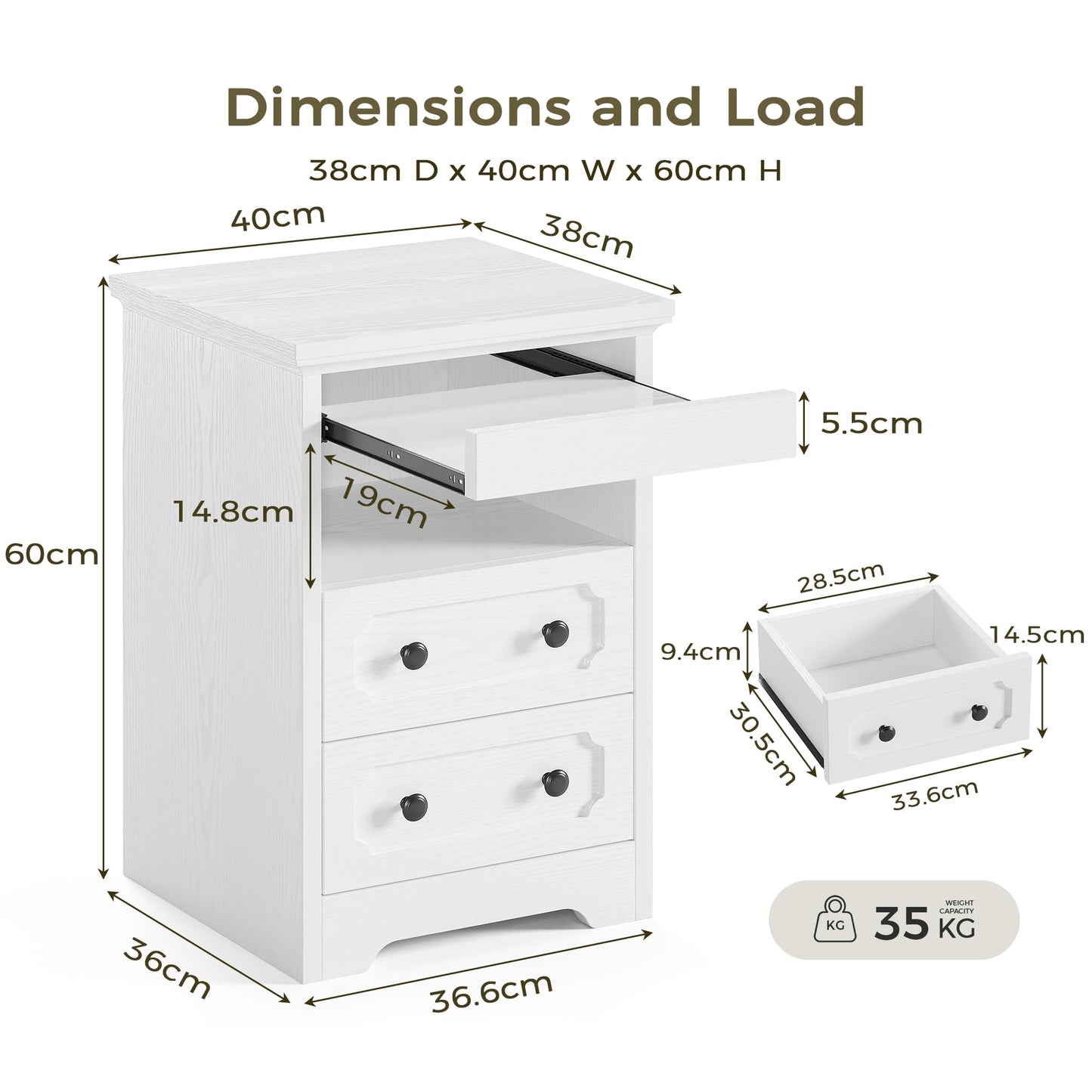 IRONCK Bedside Table with 2 Drawers, Modern Nightstand with Open Shelf, End Table with Pull-Out Tray for Bedroom, Living Room, White