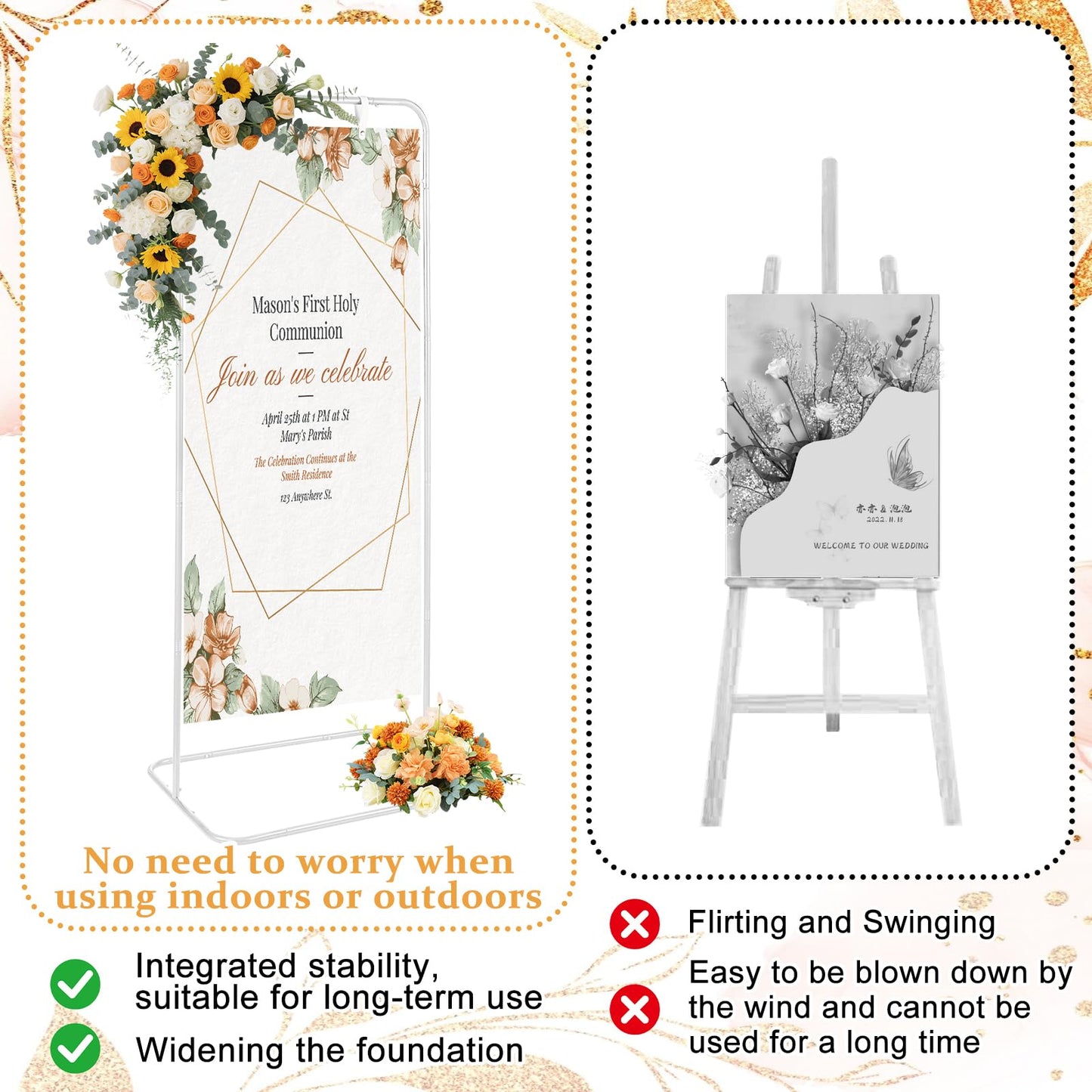 YEXEXINM Wedding Sign Holder Adjustable Height Black Metal Welcome Sign Stand with 4 Leather Hanging Straps Heavy Duty Easel Stand for Seating Charts