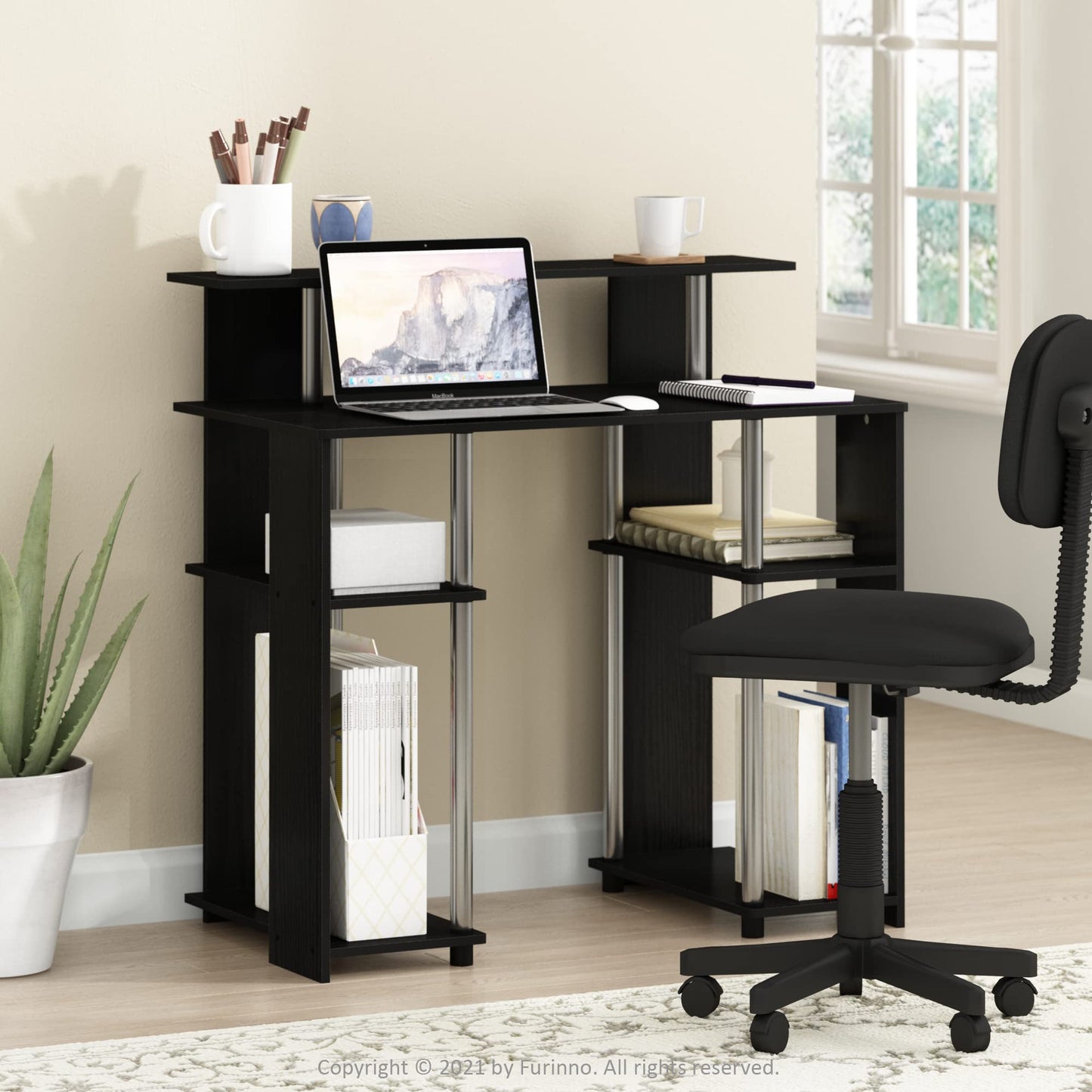 Furinno Computer Writing Desk, Engineered Wood, Americano/Stainless Steel, 51.49 (D) x 90.5 (W) x 90.6 (H) cm