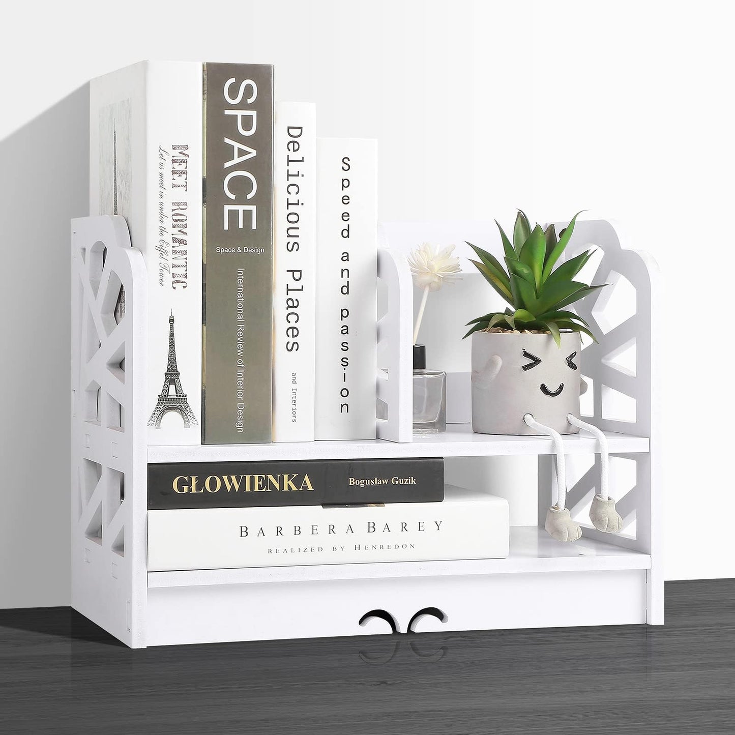 DoToGo Desk Shelf Organizer, Deskop Bookshelf for Small Space Adjustable Expendable for Office, Home, Kitchen (white-big square)