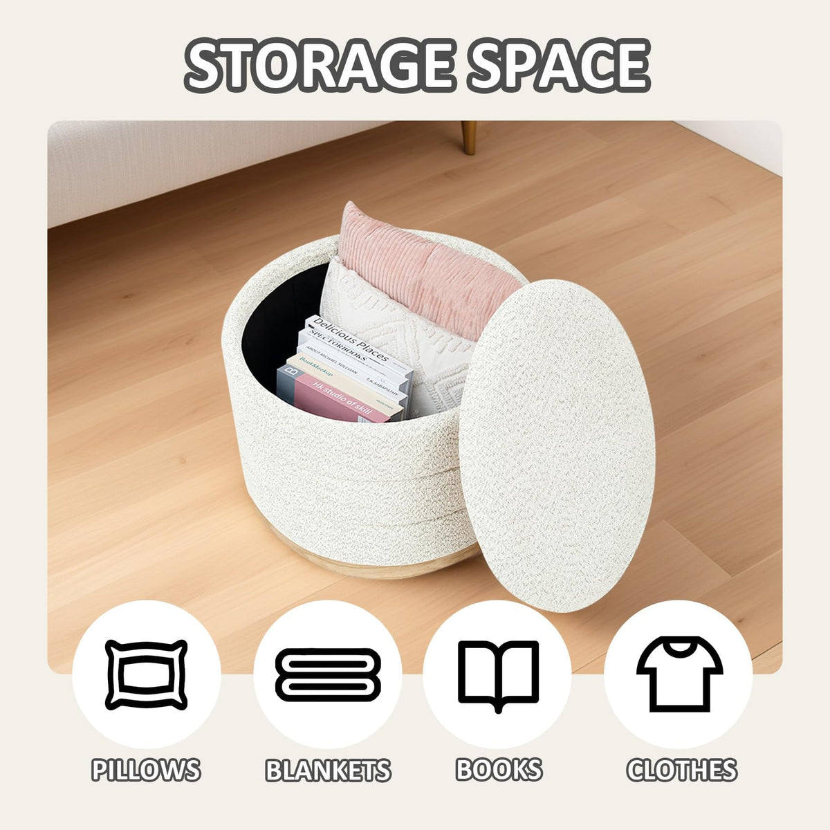 PINPLUS Round Chenille Storage Ottoman, Tray Top, 58x58x44 cm, Cream White