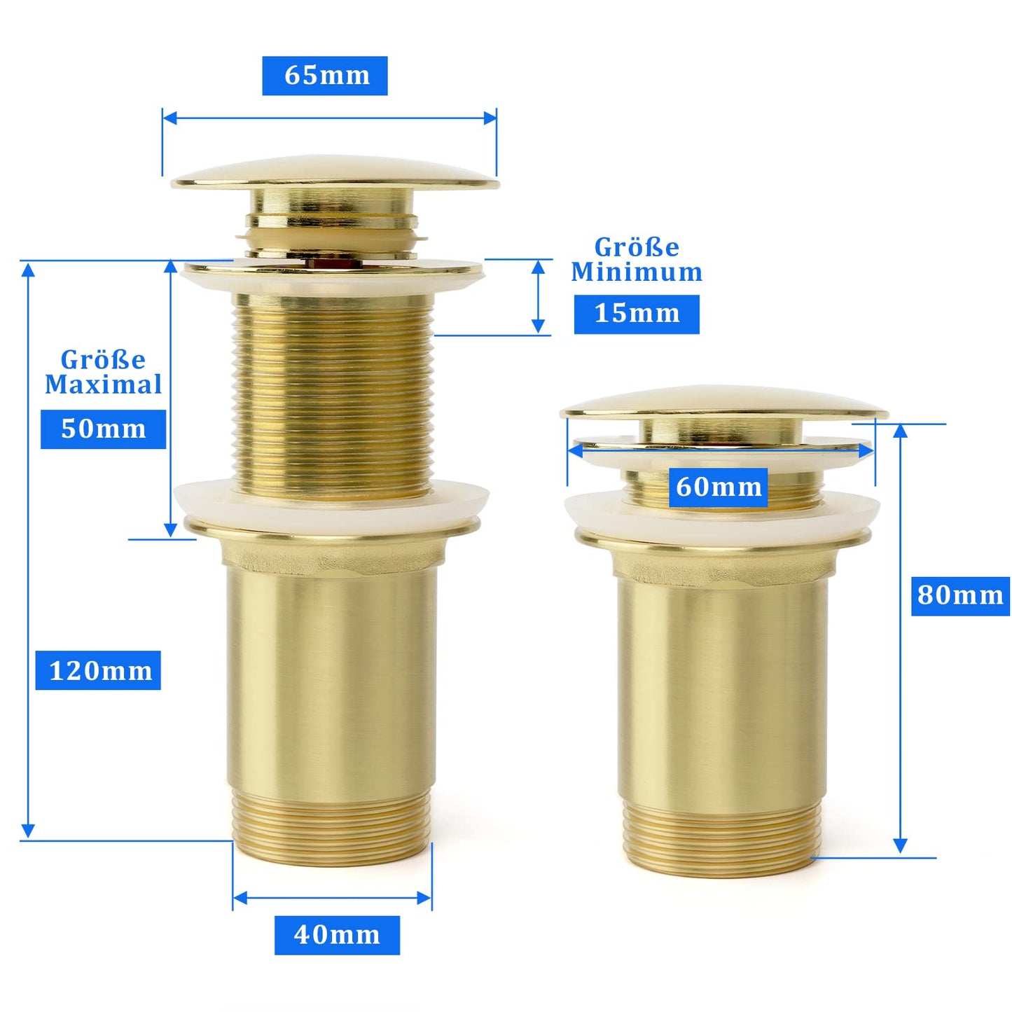 Universal drain fitting without overflow, pop-up drain plug made of solid brass for sink and washbasin, tool-free installation