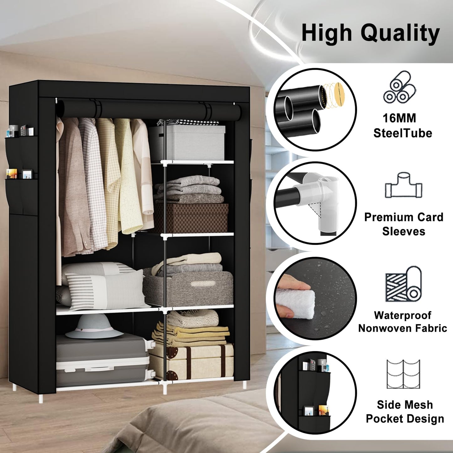 OPPAIYA Canvas Wardrobe for Bedroom, Fabric wardrobes carries five storage boxes, one hanging rail and four side pockets, 105 x 45 x 165 cm