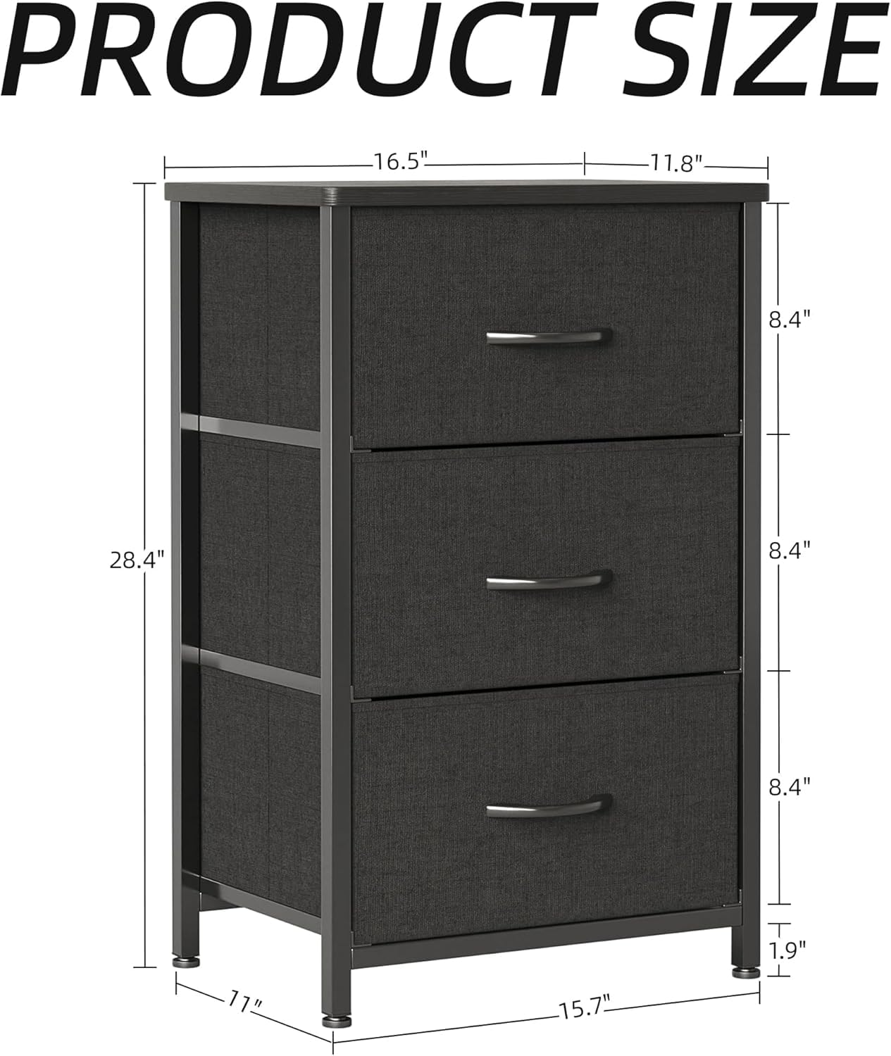 VERMESS Bedroom Chest of Drawers, 3 Fabric Drawer Dresser, Bedside Table, Small End Table for Living Room, Wooden Cabinet Bedside