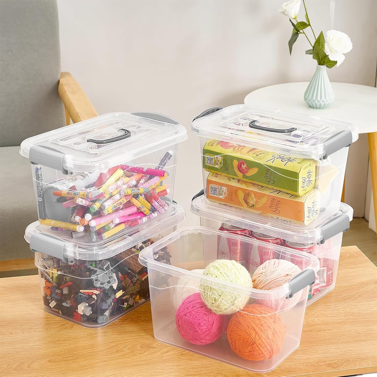 ASMIZ 6 Pack 10L Plastic Storage Box with Lid, Clear Storage Organizer Bins with Latching Handle, 27 x 20 x 16.5 cm Stackable Storage Boxes
