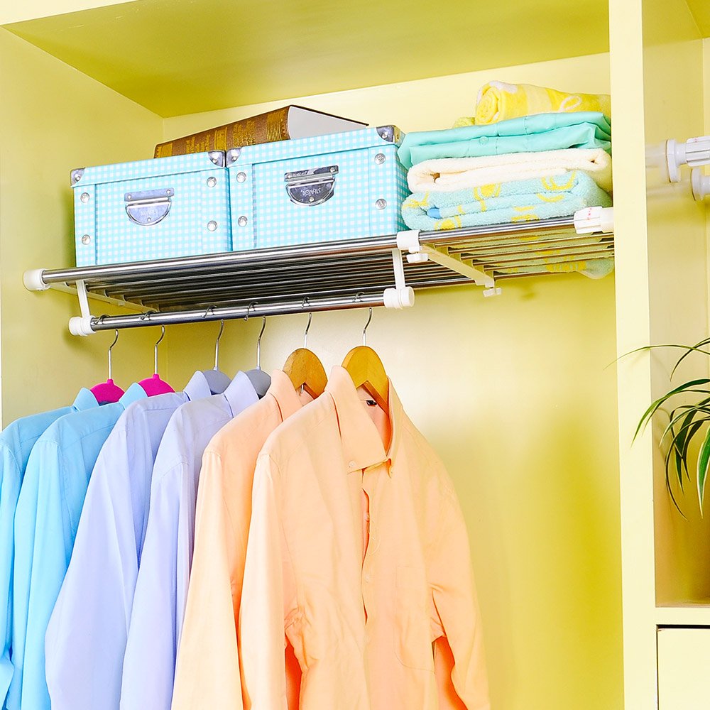 BAOYOUNI Extendable Closet Shelf Rod Clothes Hanger Organizer Heavy Duty Metal Storage Rack DIY Separator Divider (65-110cm)
