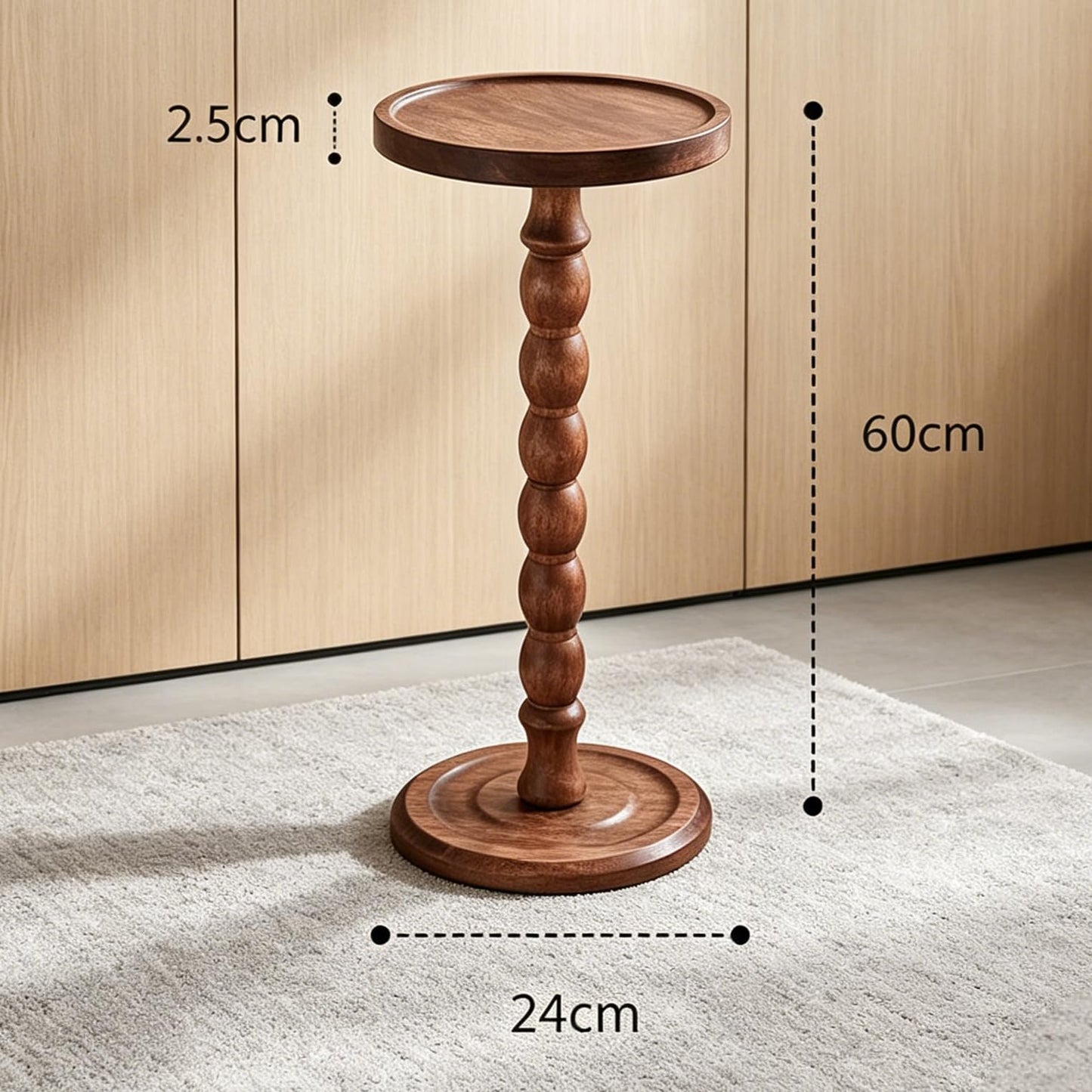 Perclyzm Solid Oak Wood Round Side Table, Rustic Brown Tall Pedestal Drinks Table, Dark Walnut Finish, Tray Top for Living Room, Sofa, Bedroom