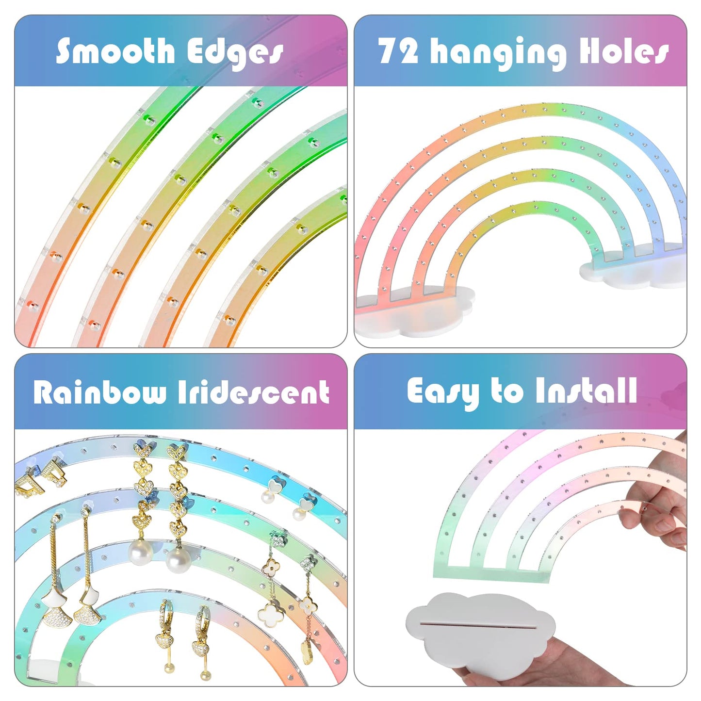 NiHome Iridescent Earrings Holder, 74 Holes Rainbow Acrylic Jewelry Display Stand Organizer, Clear Durable Plastic Earring Rack for Girls Women