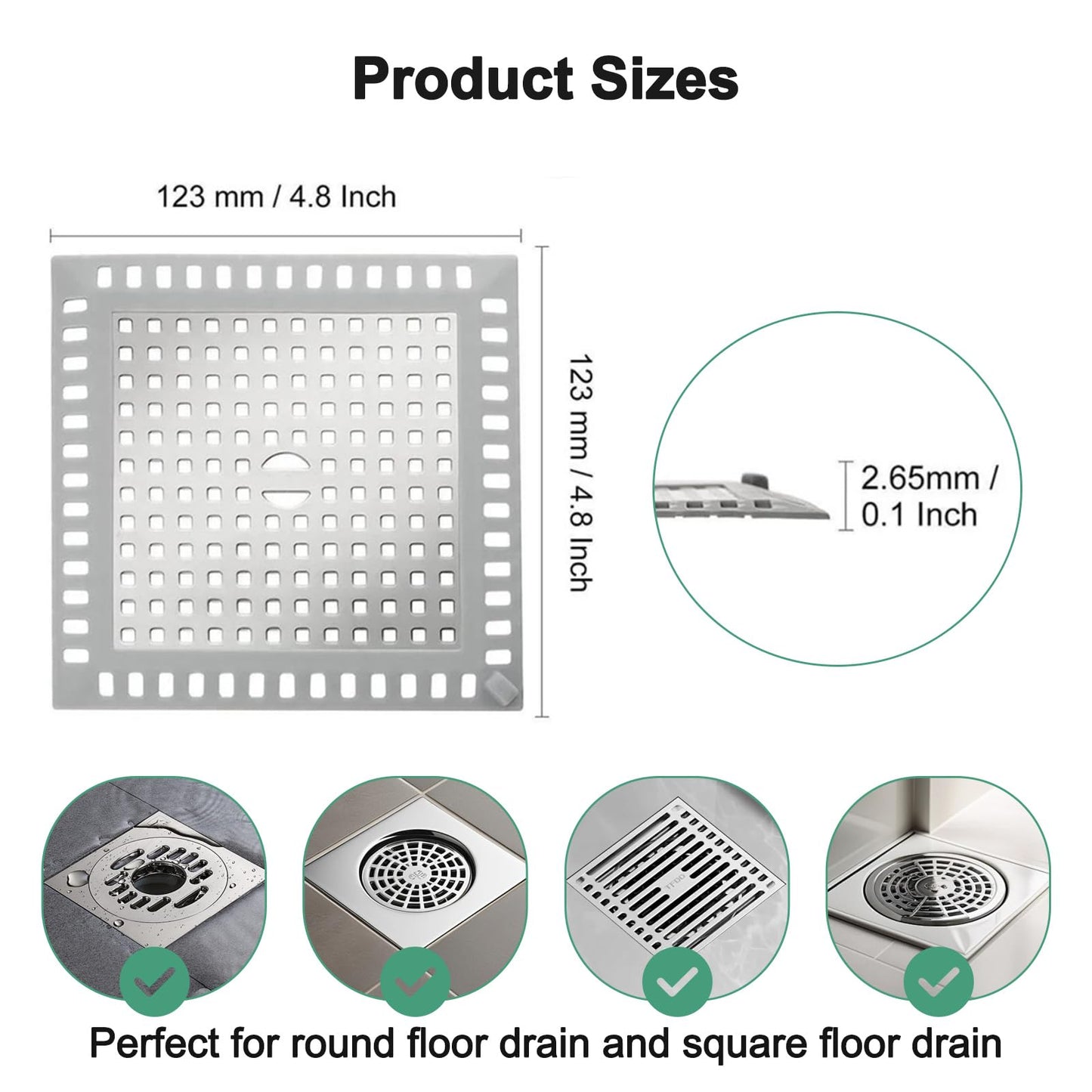 Shower Drain Cover Hair Catcher Square 12.3cm, 304 Stainless Steel Drain Protector with Silicone Edge, Prevents Clogged Drains