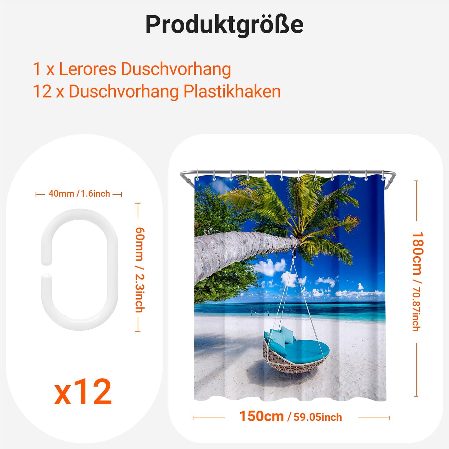Lerores Shower Curtain 150 x 180 cm Beach, Weighted Hem, Anti-Mould Textile, Water-Repellent