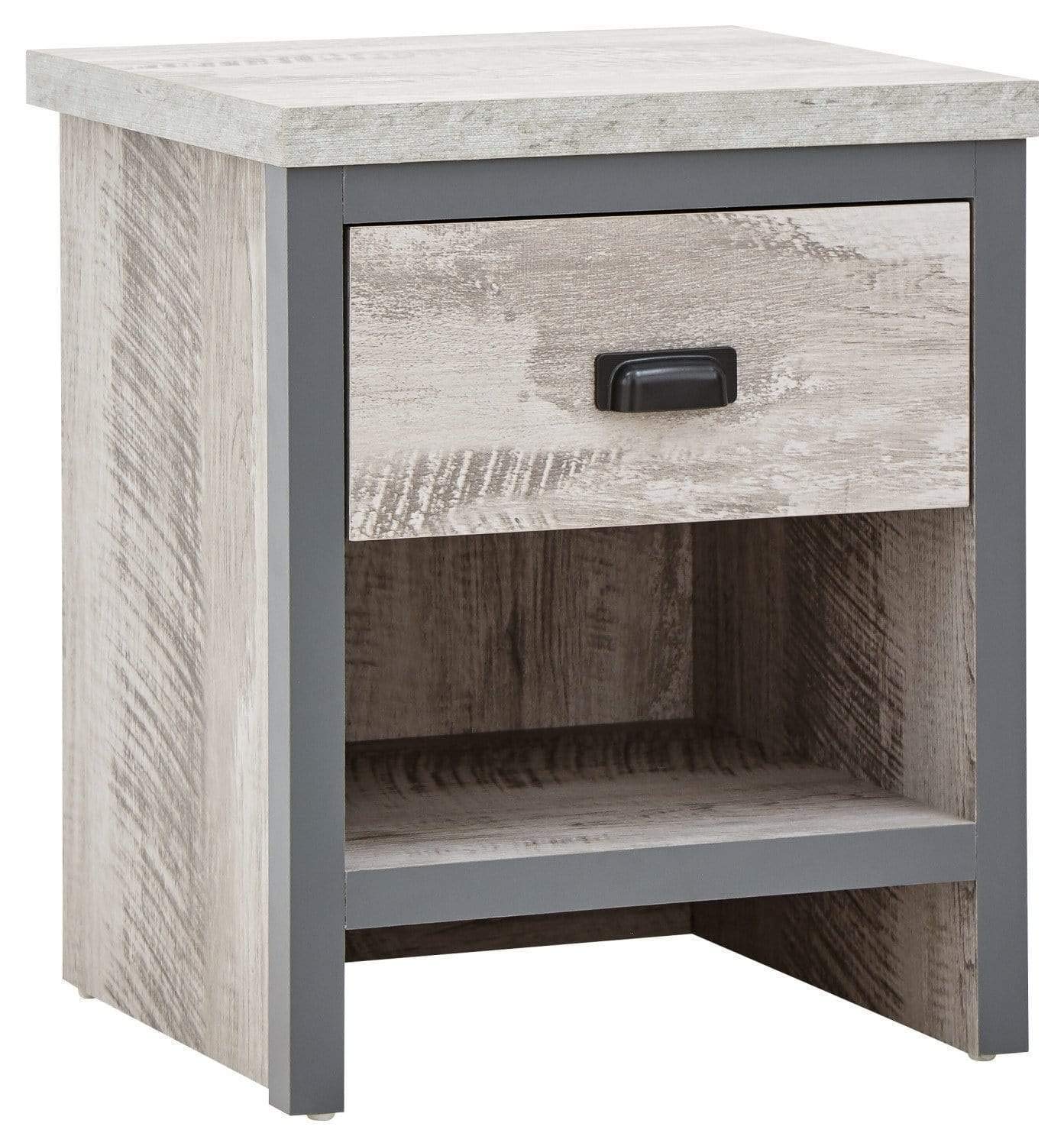 GFW Boston Grey Wood Effect Lamp Table, 1 Drawer Side Table with Storage, Industrial End Table with Chunky 30mm Top