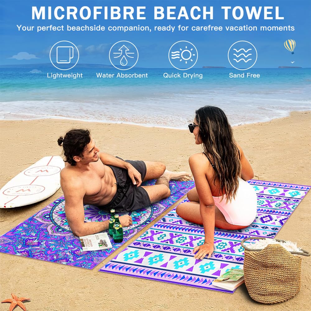 COYBTO Microfibre Beach Towel, 180x90CM Double Sided Quick Dry Beach Towels for Adults, Large Bath Towels with Button, Sandproof, Lightweight