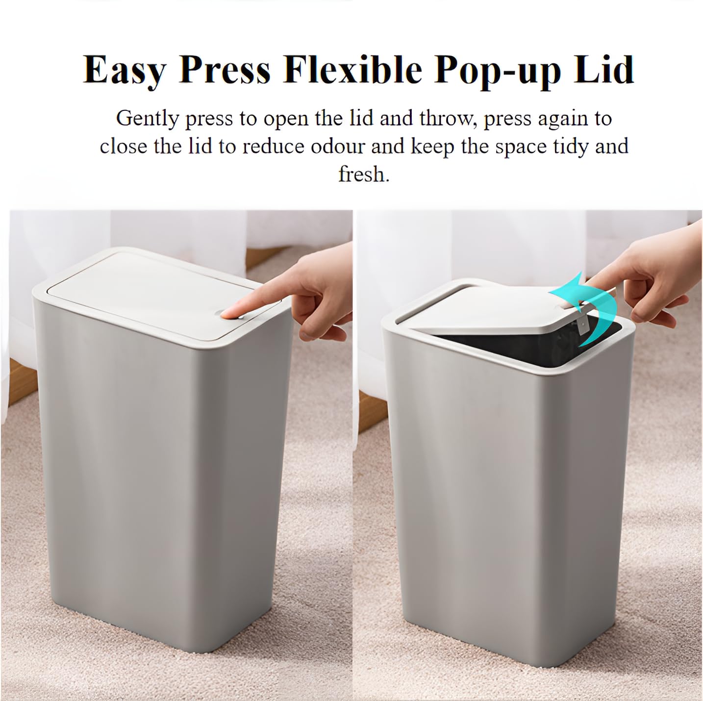 3 Pack Bedroom Bin,10L Slim Bathroom Bin with Lid,Push Button Plastic Waste Bin for Bathroom Anti-Odour,Plastic Thin Trash Can for Office,Living