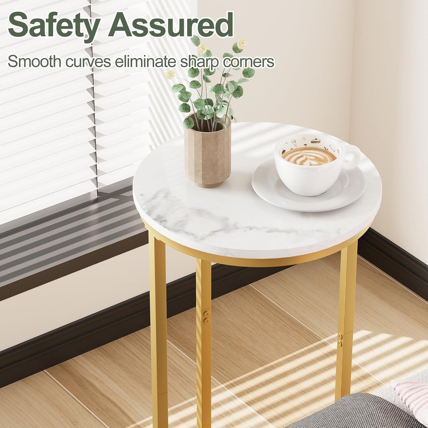 C Shaped End Table, Round Side Table, SofaTable, CoffeeTable Under Sofa, Small Couch Snack Tables, Bedside Tables with Metal Frame for Living Room