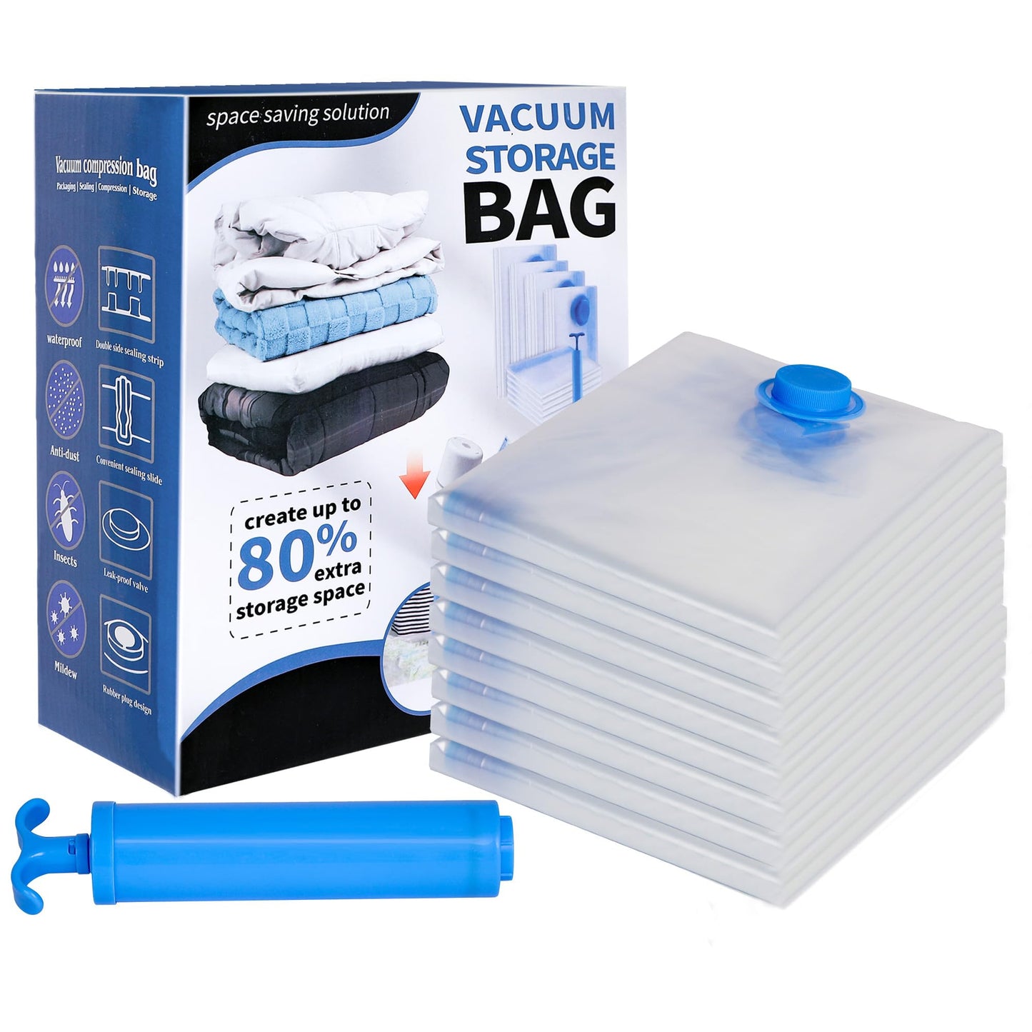 SKERITO Vacuum Bags for Clothes, 8 Jumbo, 100 x 80 cm, Storage Bag, Travel Vacuum Reusable Clothes Bag with Hand Pump