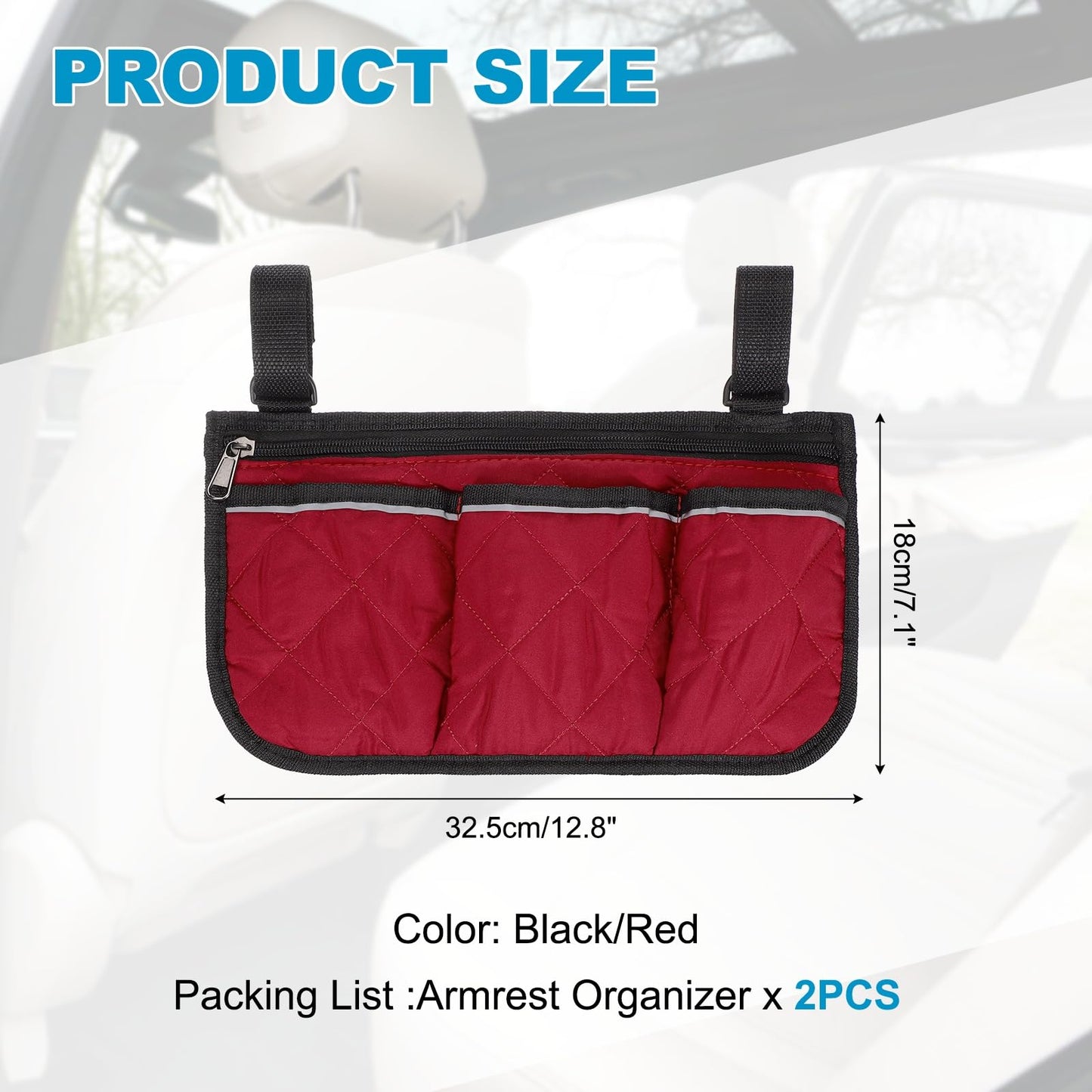 YELARXI Beach Chair Armrest Bag, Beach Side Bag Hanging Storage Organizer with Reflective 4 Pockets Waterproof Pouch 13 x 7" & 2Pcs & Black/Red