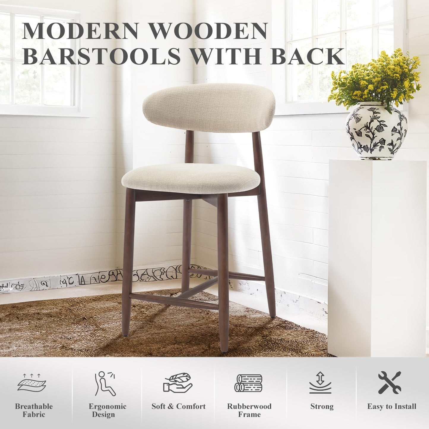 COLAMY 4PCS Counter Height Bar Stools with Back, Modern Upholstered Bar Chairs with Ergonomic Backrest & Footrest, Rubberwood Frame