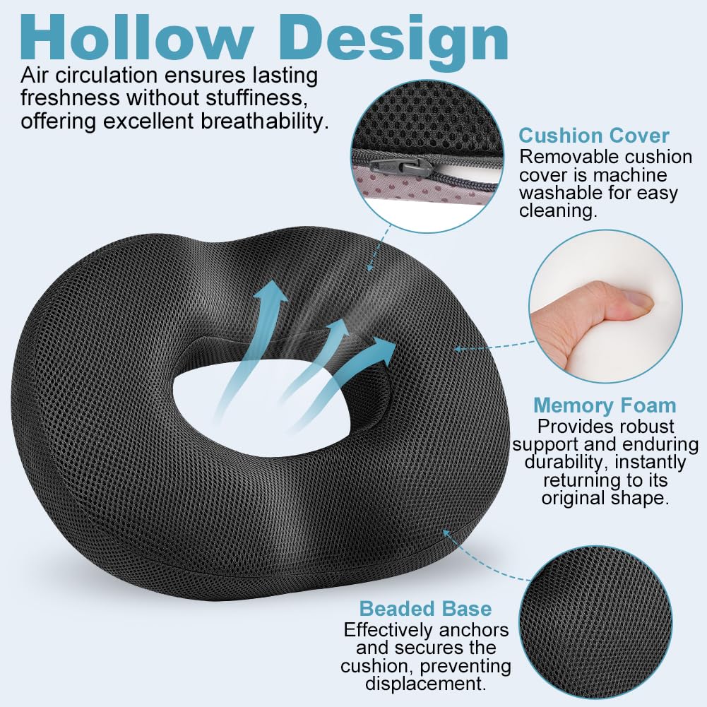 AOOHA Donut Cushion for Hemorrhoids,Memory Foam Seat Cushion,Orthopedic Memory Foam Ring Seat Cushion,Double U-Shape,for Office Chair, Car
