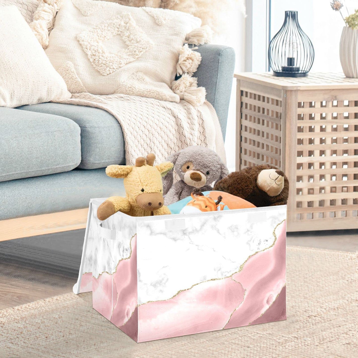Mnsruu Storage Boxes with Lids, Rose Gold Marble Gilt Large Storage Basket Organizer Shelves Cube Bin Toy Clothes Underbed