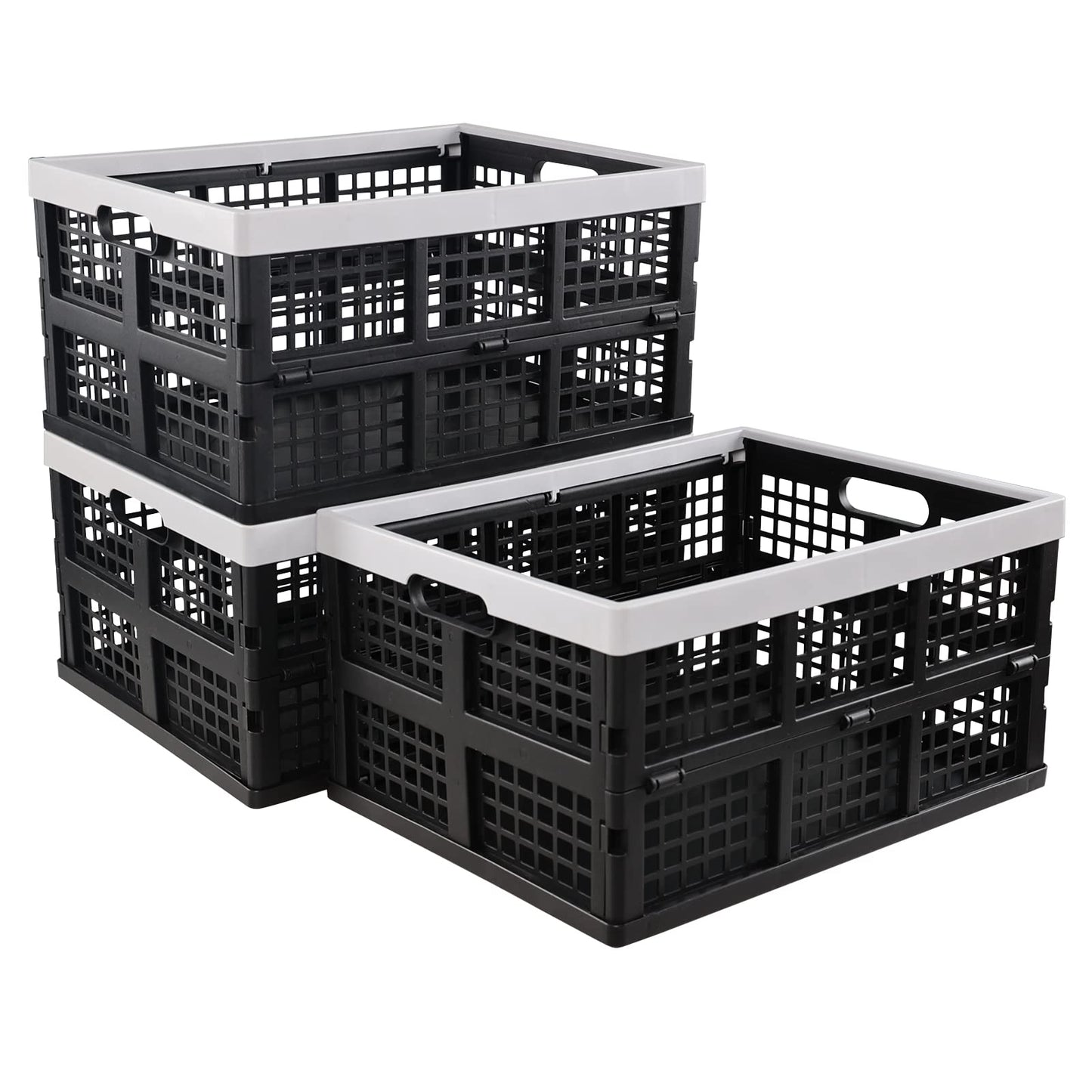 Ikando 3 Packs 30 L Black Foldable Crate, Plastic Collapsible Storage Box