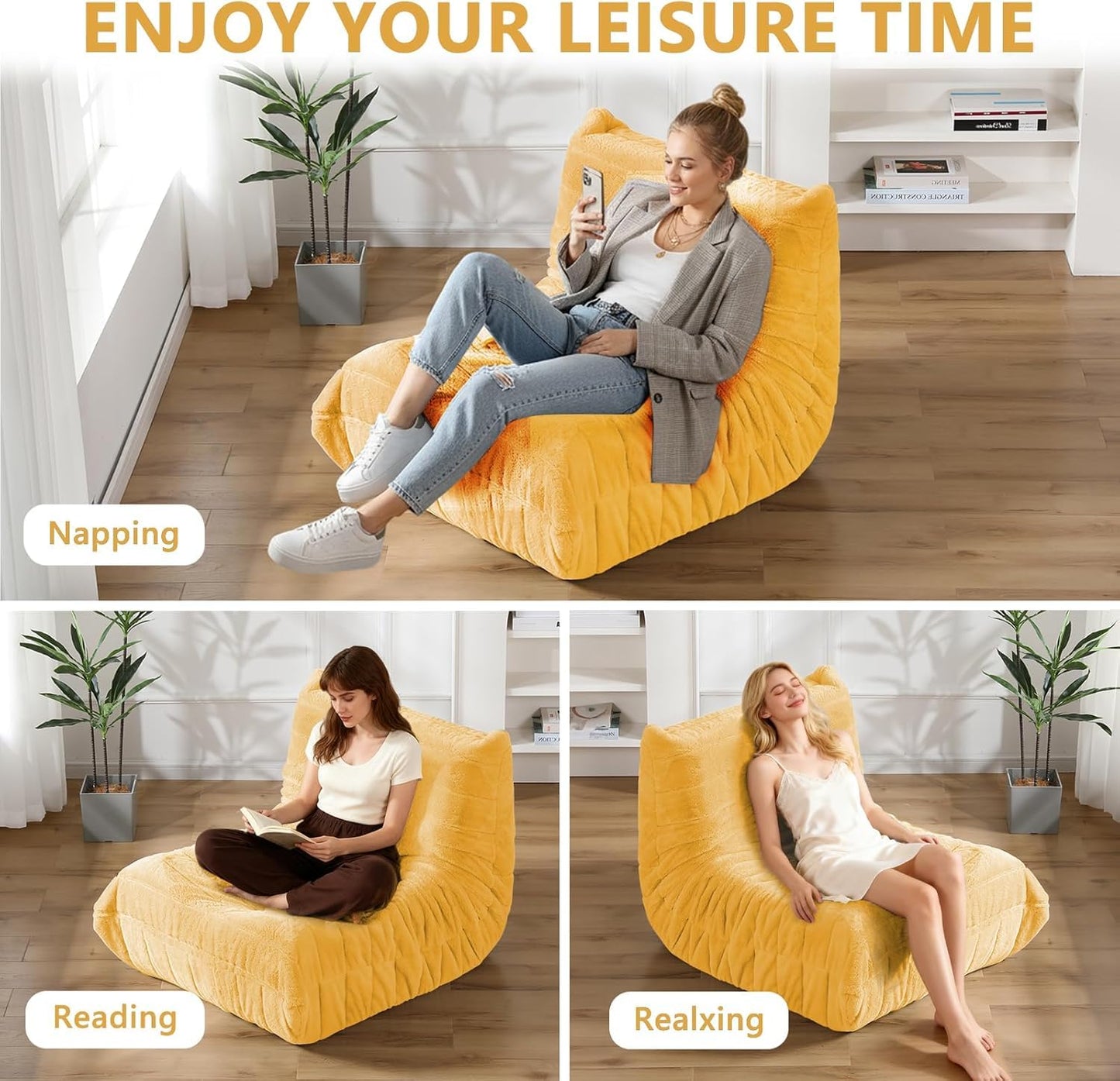 Bean Bag Chair w/ Filling, Comfy Lounge Chair, Floor Sofa Adults (Yellow)