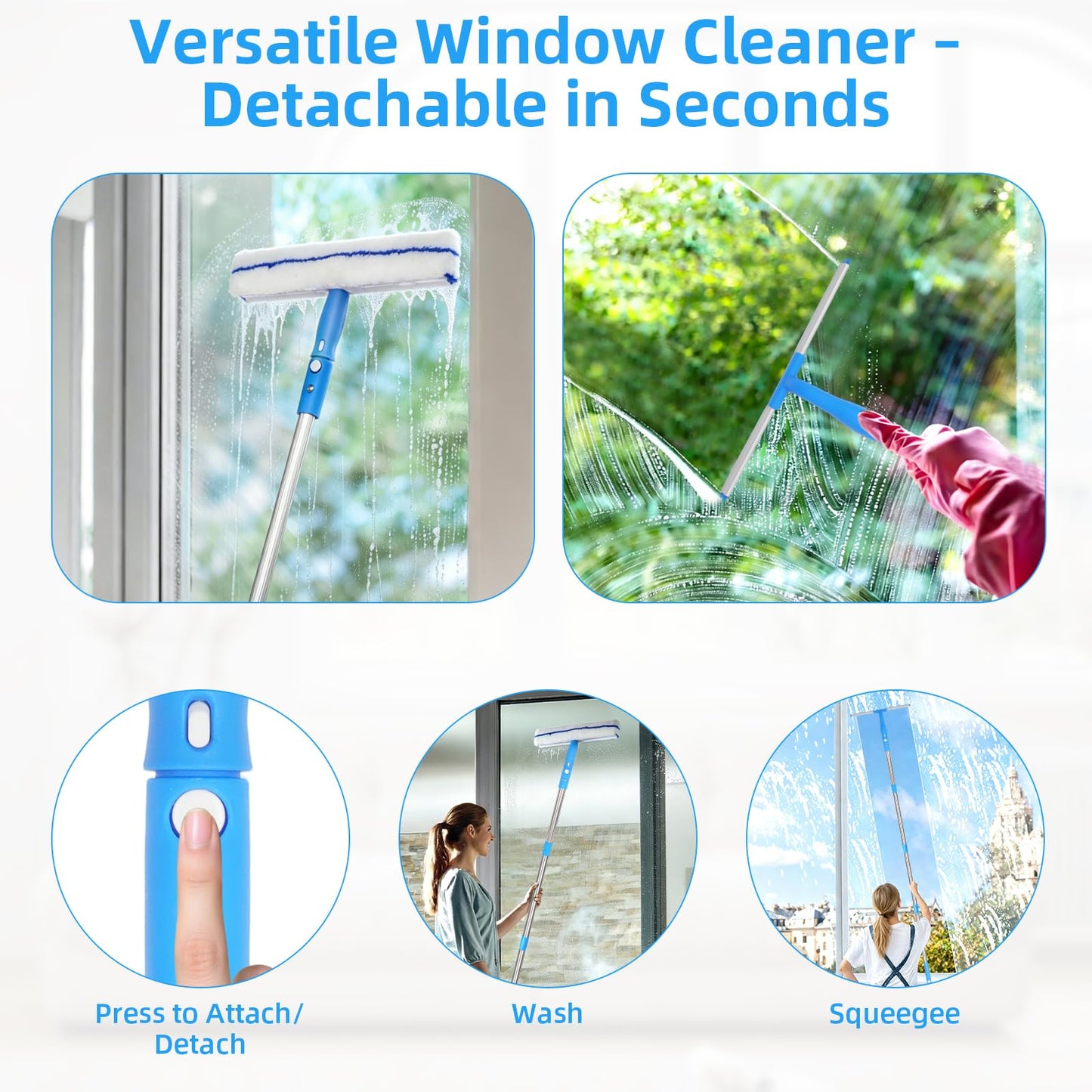 Window Cleaning Equipment with 3m Extension Pole, Squeegee Scrubber Tool