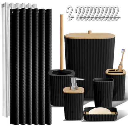 Clara Clark Bathroom Accessories Set - Bathroom Accessory Set with Shower Curtain Set, Toilet Brush, Trash Can & Soap Dispenser Black, Complete Set