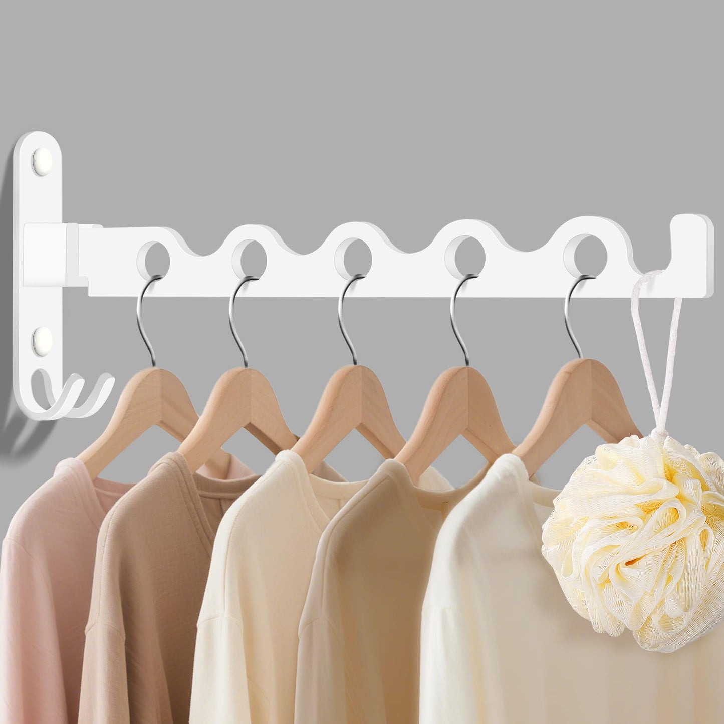 MEIJO Wall-Mounted Clothes Rack White, Foldable Wall Mounted Clothes Rail, 90° Rotation Heavy Duty Wall Clothing Drying Rack Wall Coat Rack for