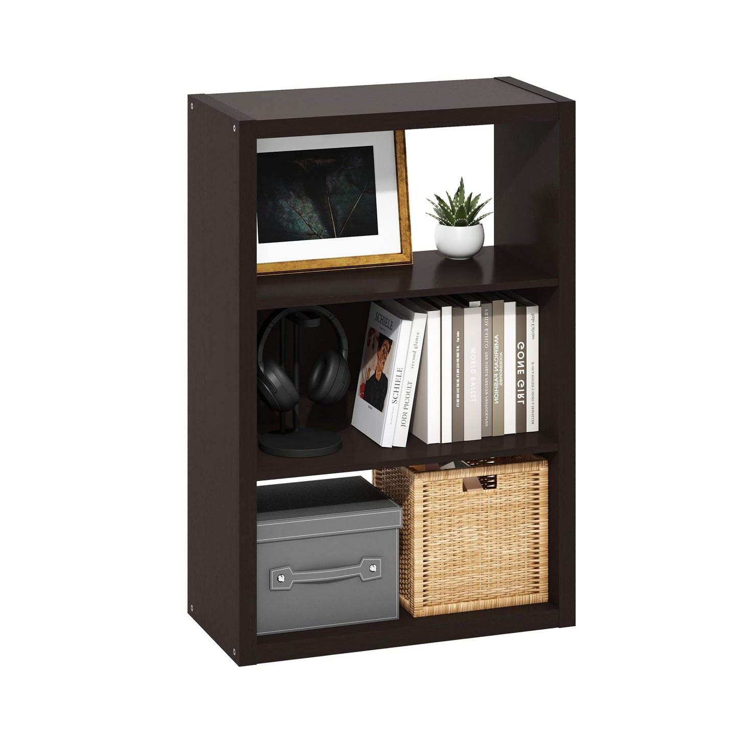 Furinno VIOLA Book Shelf, 3-Tier Bookshelf, Bookcase with Open Shelf, 11.3 x 23.2 x 35.9, for Living Room, Bedroom, Home Office, Dark Oak