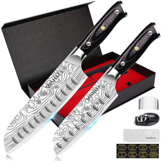 MOSFiATA Santoku Kitchen Knife Set, 2pcs Sharp Chef Knives Sets High Carbon German EN1.4116 Stainless Steel, 5.5"&7" Chopping Cooking Knife Kitchen