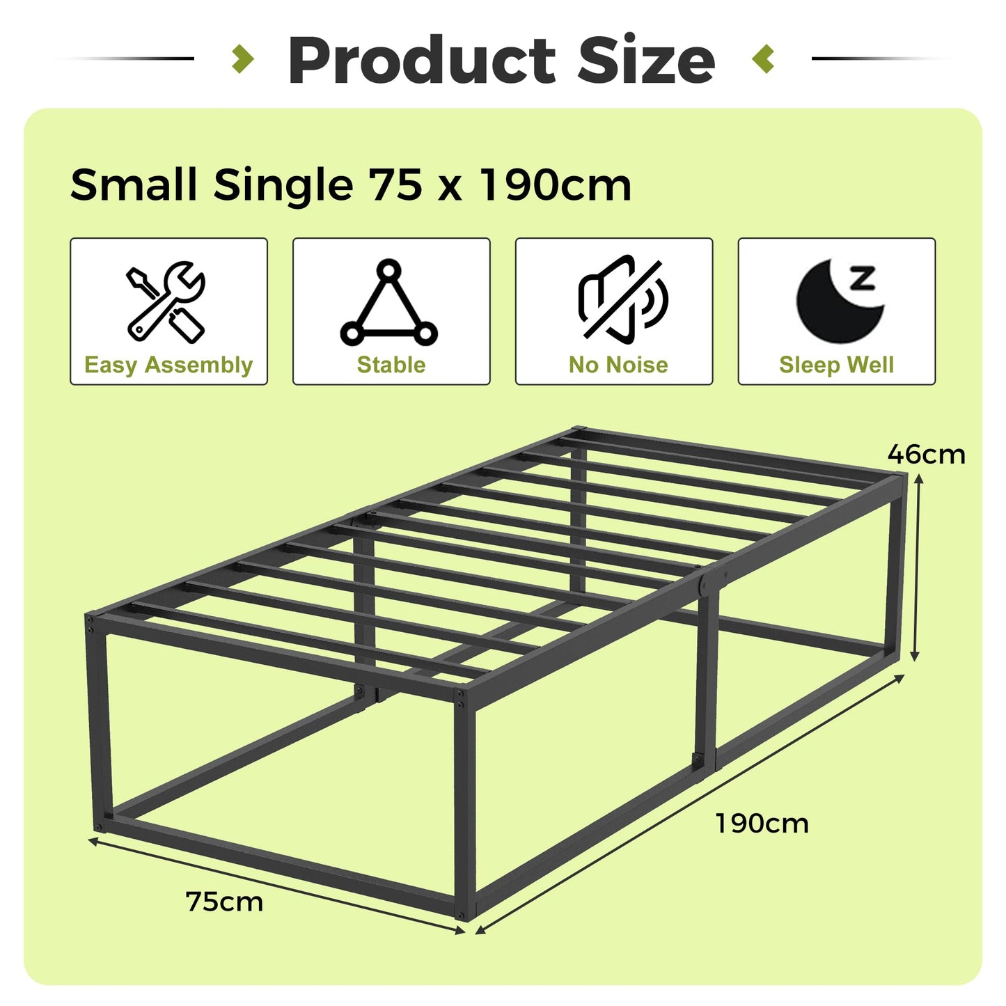 EMODA Small Single Bed Frame 75x190 cm with Sturdy Slats Support, Black