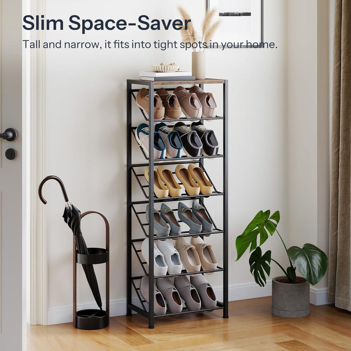 HOOBRO Shoe Rack for Entryway, 7-Tier Slanted Shoe Storage Shelf, Slim Shoe Organizer, Narrow Shoe Holder for Small Space, Hallway, Garage, Closet