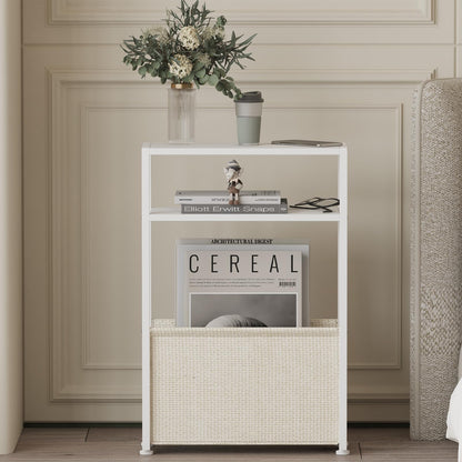 JERX Narrow Side Table with Fabric Basket, End Table for Small Spaces, Slim Side Table with Magazine Rack for Living Room Office Bedroom and Bathroom