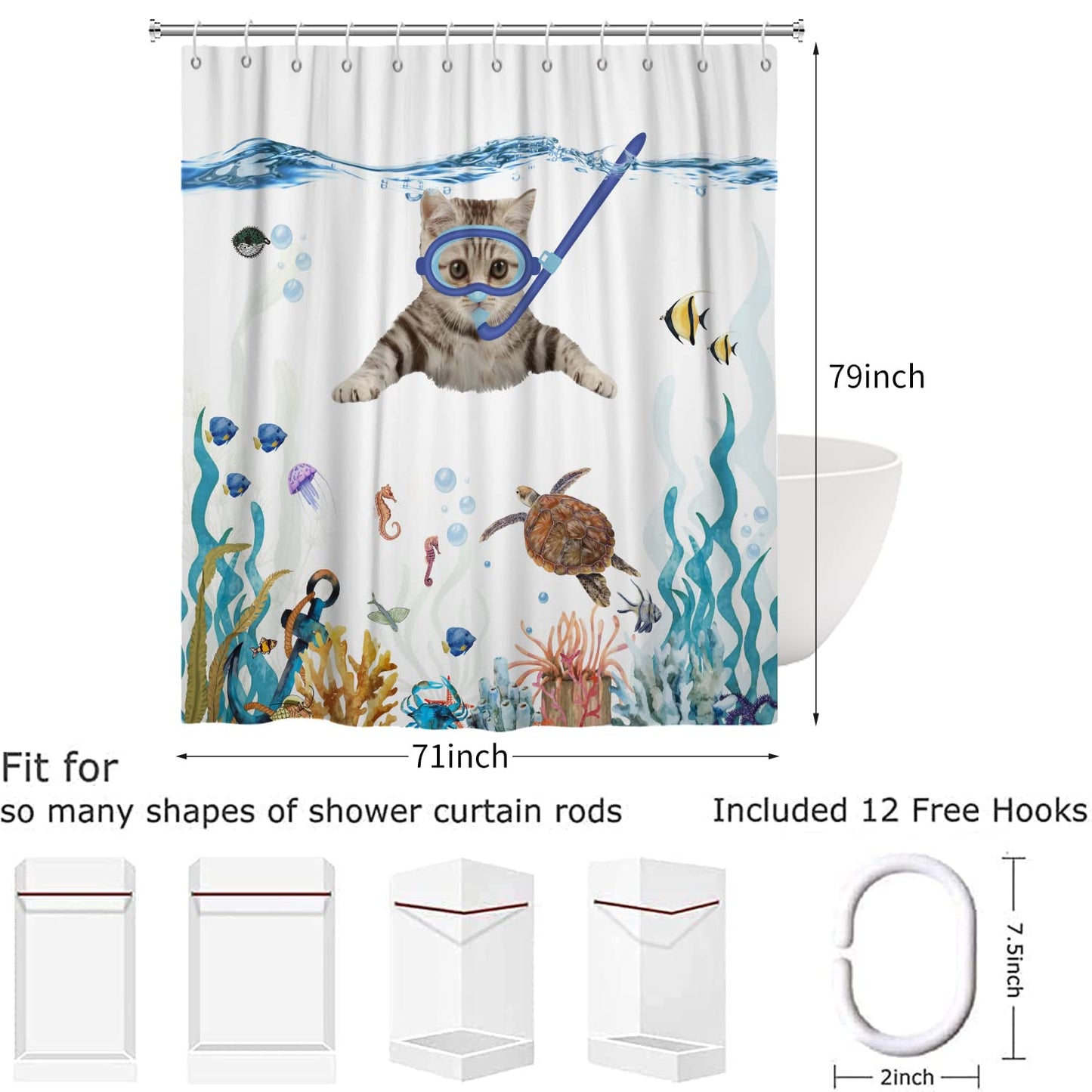 Hnmdmyi Funny Cat Shower Curtain 180x200, Cute Kitten Swimming in Teal Blue Ocean Bathroom Curtains Sea Turtle Tropical Fish Jellyfish Starfish Coral