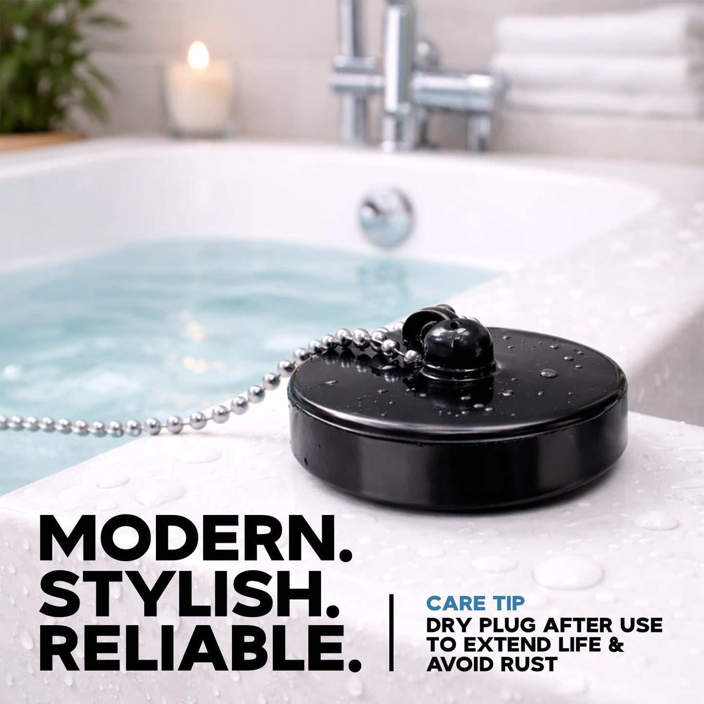 Smith’s® (36mm-38mm) Black Plug & Chain - Bathtub, Bathroom, & Kitchen Sink Plug | 48cm Strong Stainless Steel Ball Chain With S-Hooks
