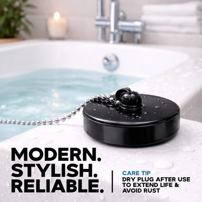 Smith’s® 48mm-50mm Black Plug & Chain - Bathtub, Bathroom, & Kitchen Sink Plug | 48cm Strong Stainless Steel Ball Chain With S-Hooks