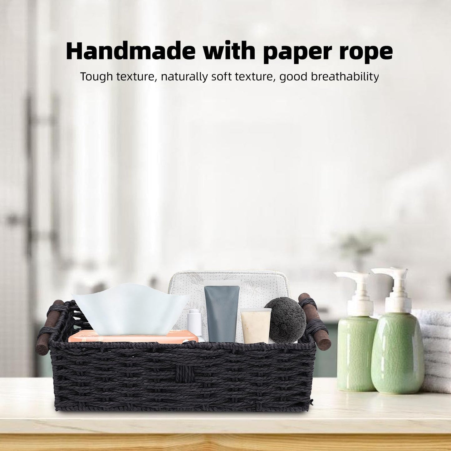 HELEVIA Paper Rope Storage Basket, Handmade Woven Decorative Storage Bin Toilet Tank Topper Paper Basket, for Shelves Countertop (Black)