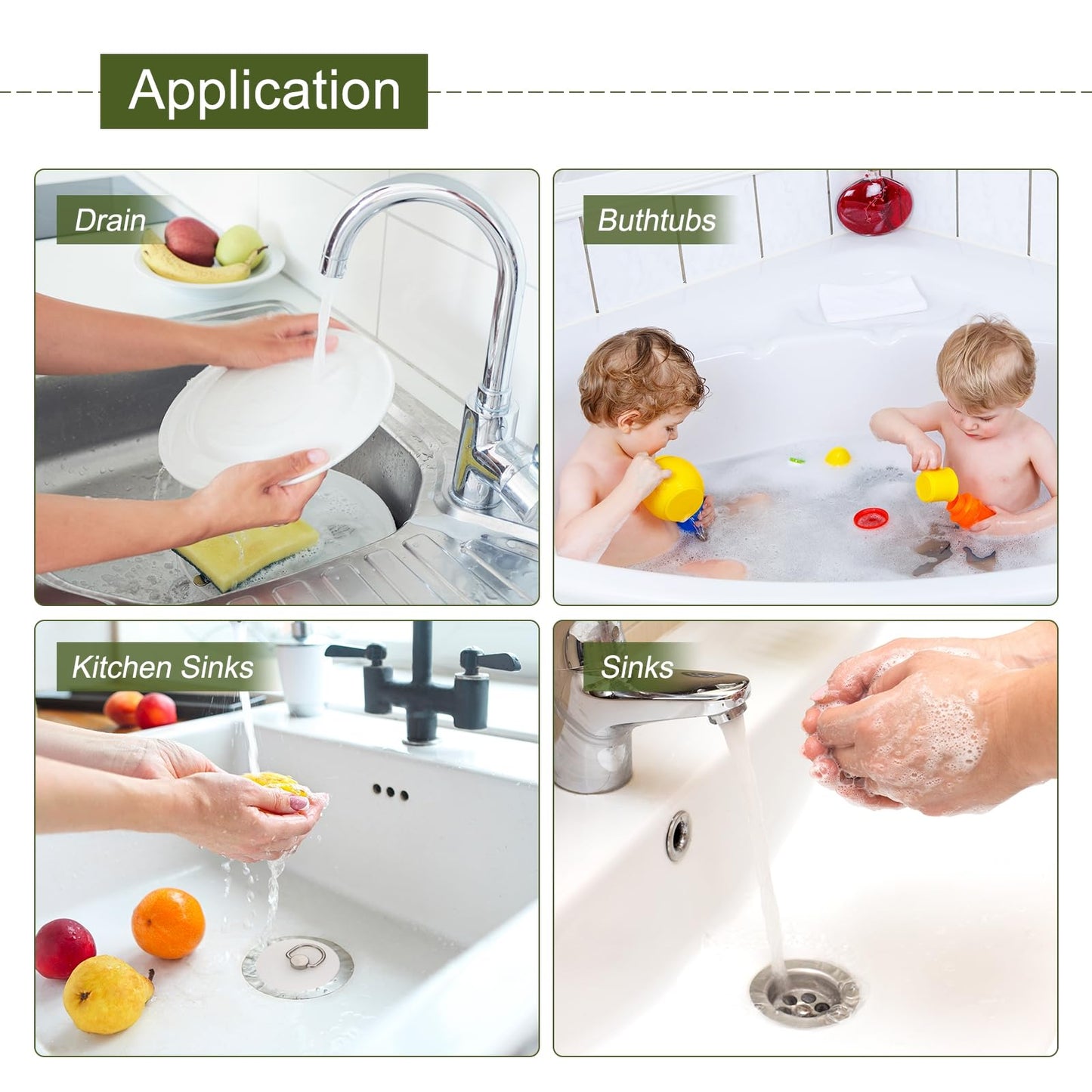 sourcing map Drain Stoppers, Silicone Bathtub Stopper Sink Plugs Caps with Hanging Ring and 15" Bead Chains for Bathtub Kitchen Bathroom