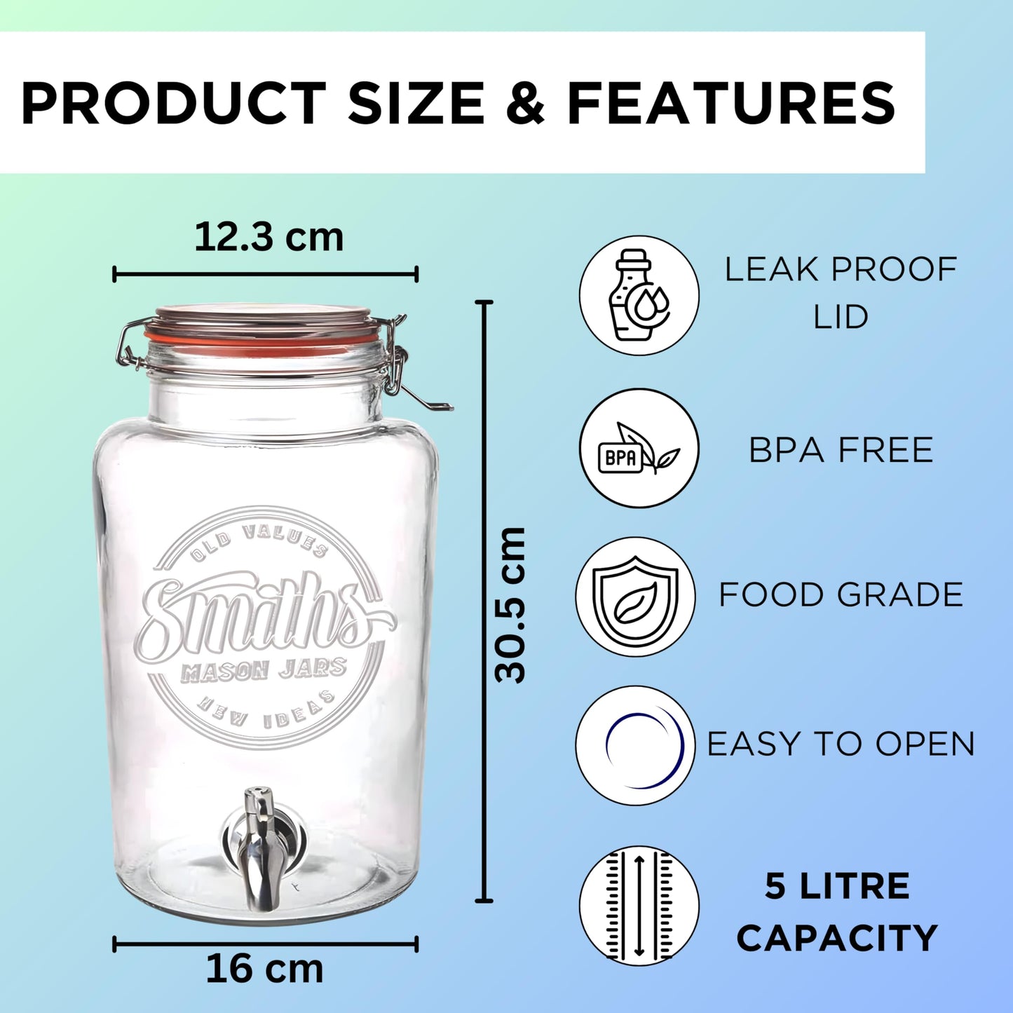 Smith's Mason Jars 5 Liter Glass Drinks Dispenser with Stainless Tap Spigot | Punch Dispenser | Drink Pitcher with Spout | Ideal for Outdoor Picnic