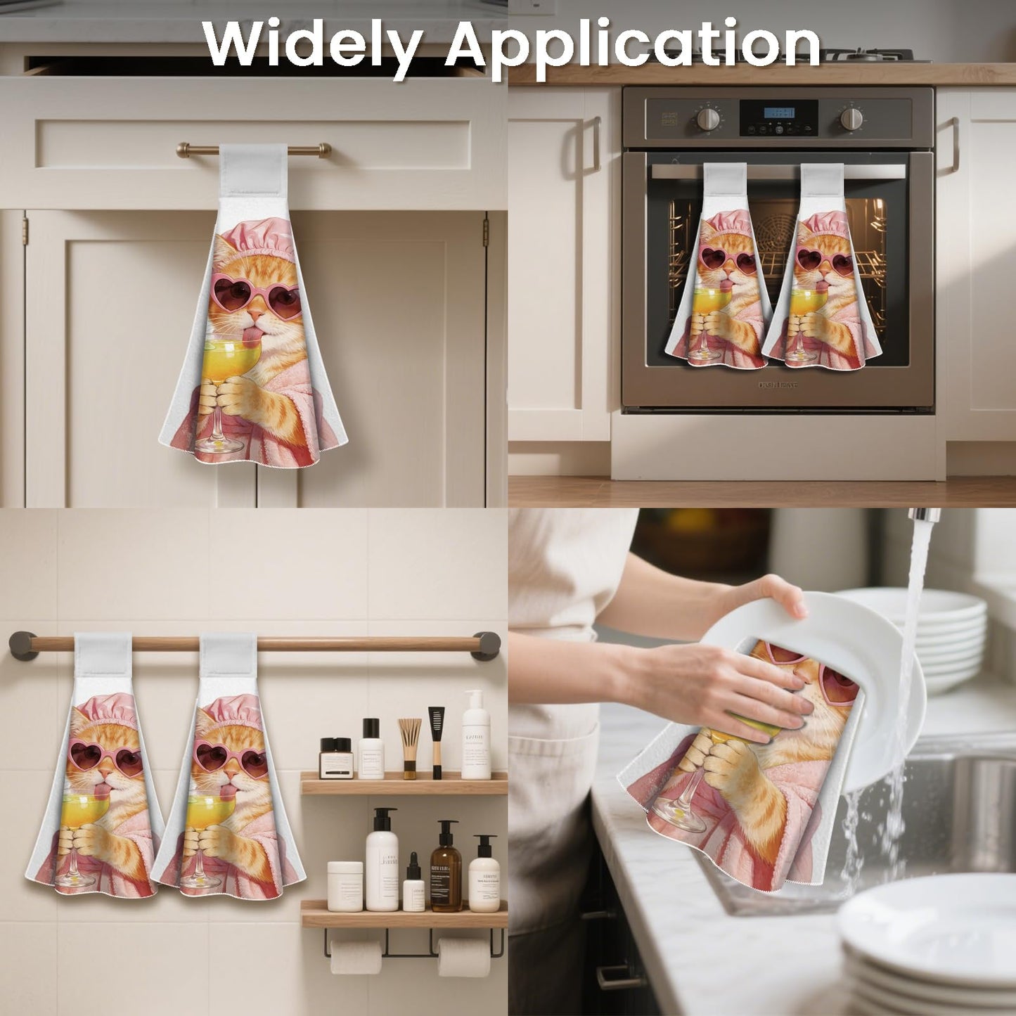 CUTHOLLOW 2 Pcs Funny Cat and Cocktail Hanging Kitchen Towels with Loop