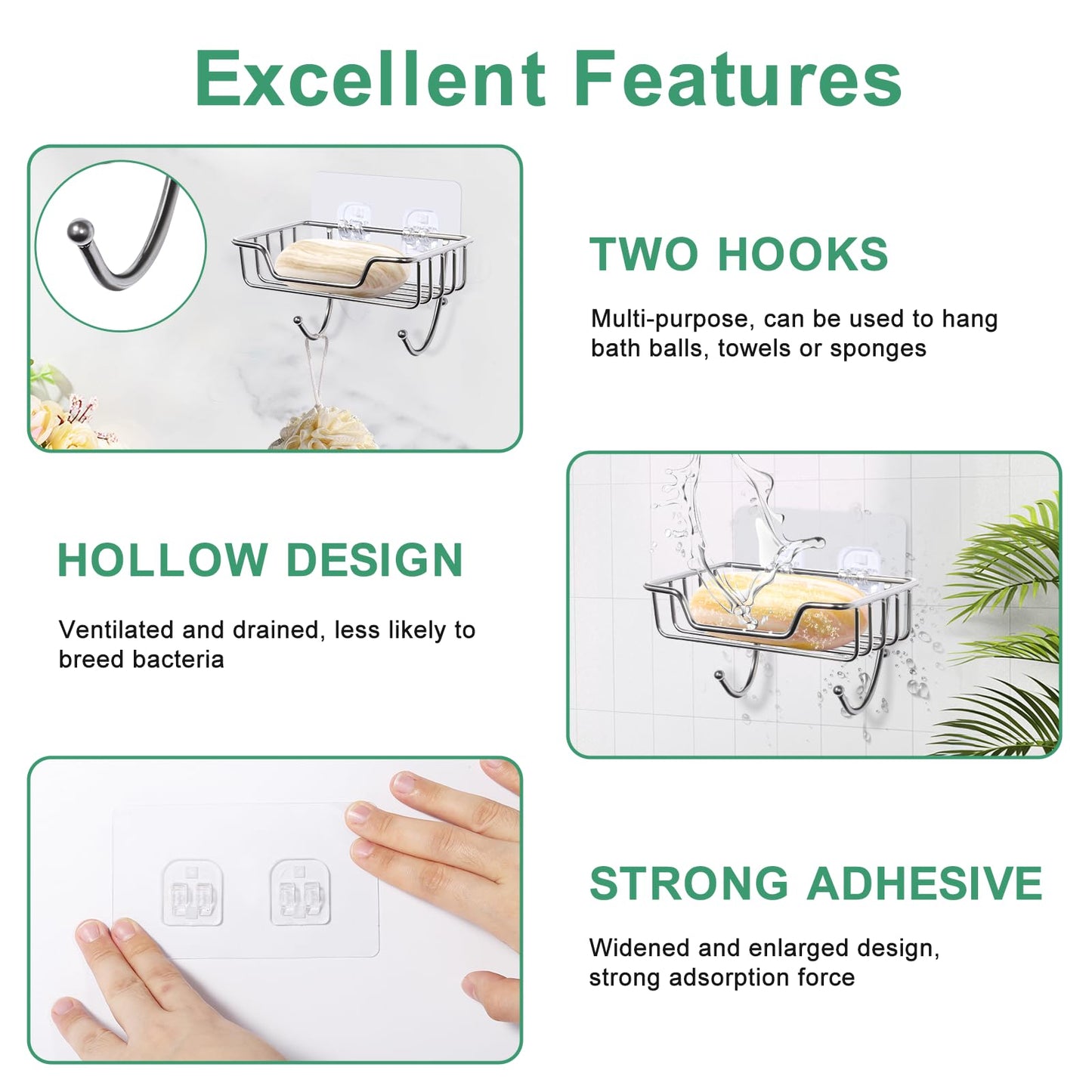 Uten 2 Pcs Strong Self Adhesive Soap Dish, Stainless Steel Soap Holder with Hook No Drilling, Wall Mounted Soap Tray for Shower Bathroom Kitchen
