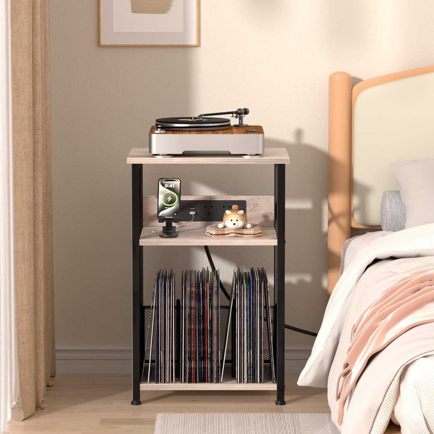AMHANCIBLE Record Player Stand with Charging Station, Vinyl Record Storage