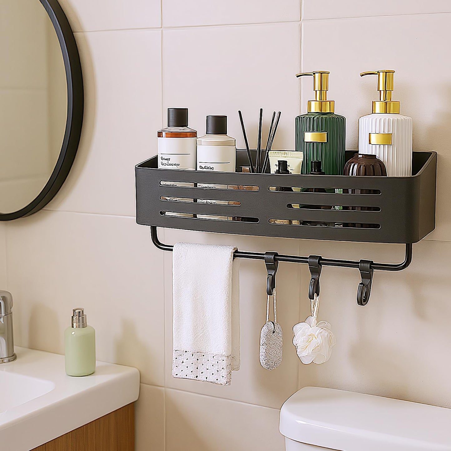 Rieoany Shower Organiser, Hanging Caddy, Wall Mounted Shelf No Drilling, Space Aluminium Bathroom Shelves with Hooks