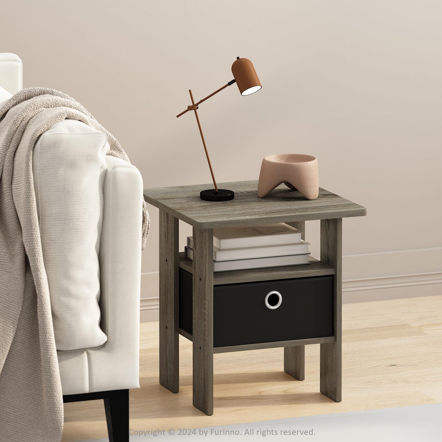 Furinno MODERN Square Top Side Table with Storage Bin, Grey Oak
